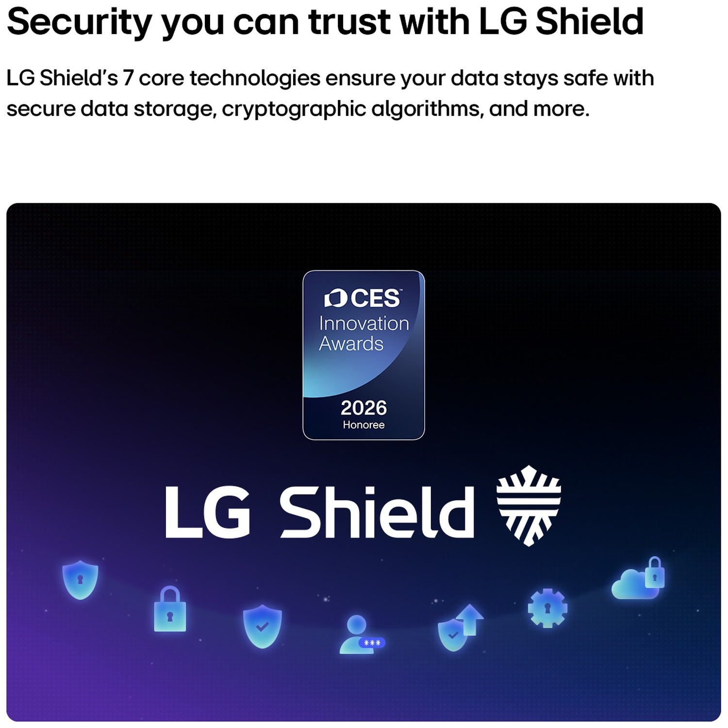 LG Shield with CES Innovation Award 2026. Icons for security and data protection.