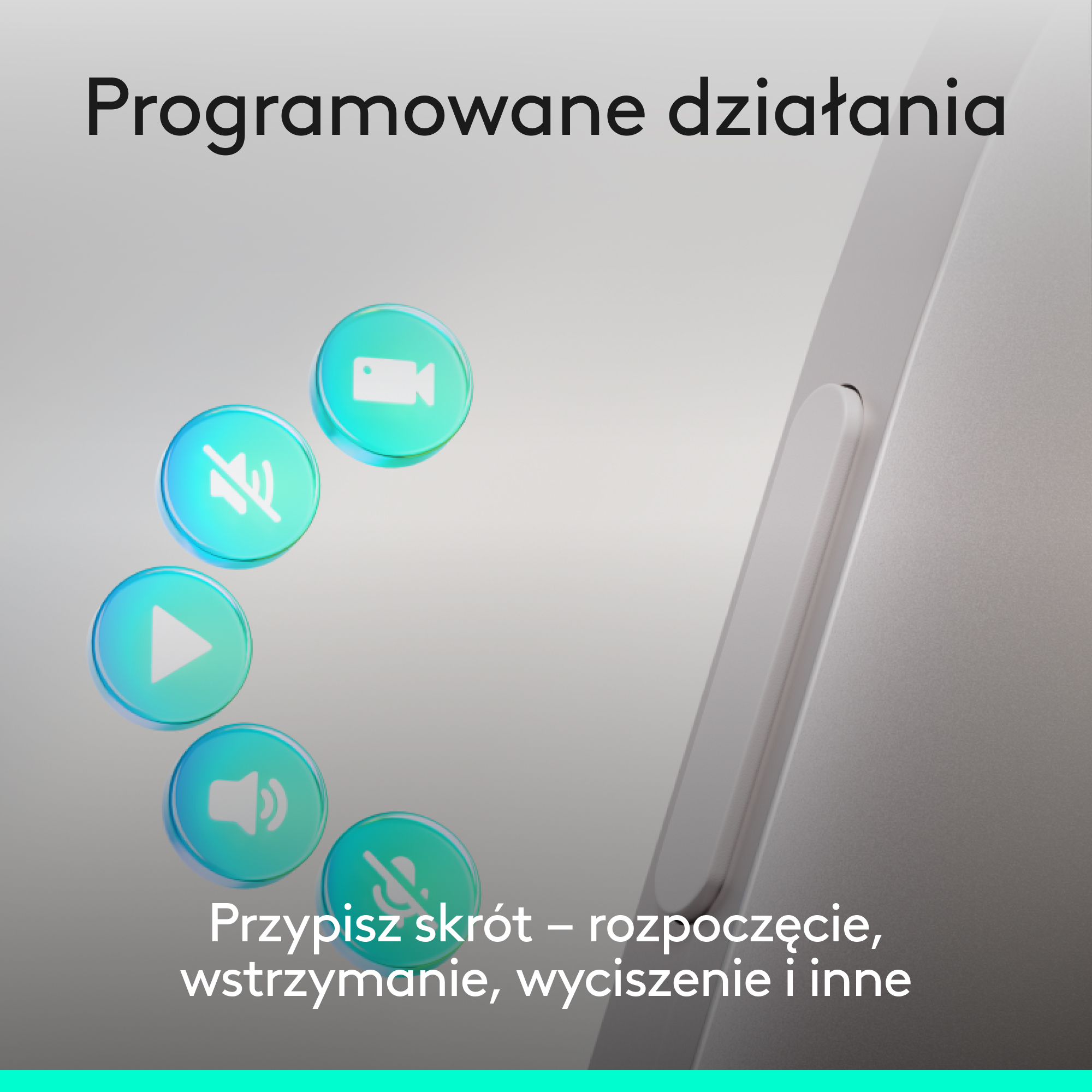 Animowane ikony wideo, wyciszenia, odtwarzania i głośności na szarym tle.