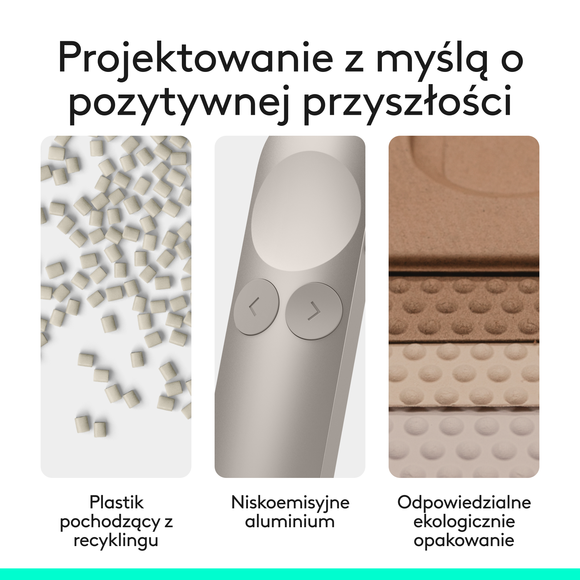Trzy obrazy przedstawiają recyklingowany plastik, aluminium i ekologiczne opakowania.