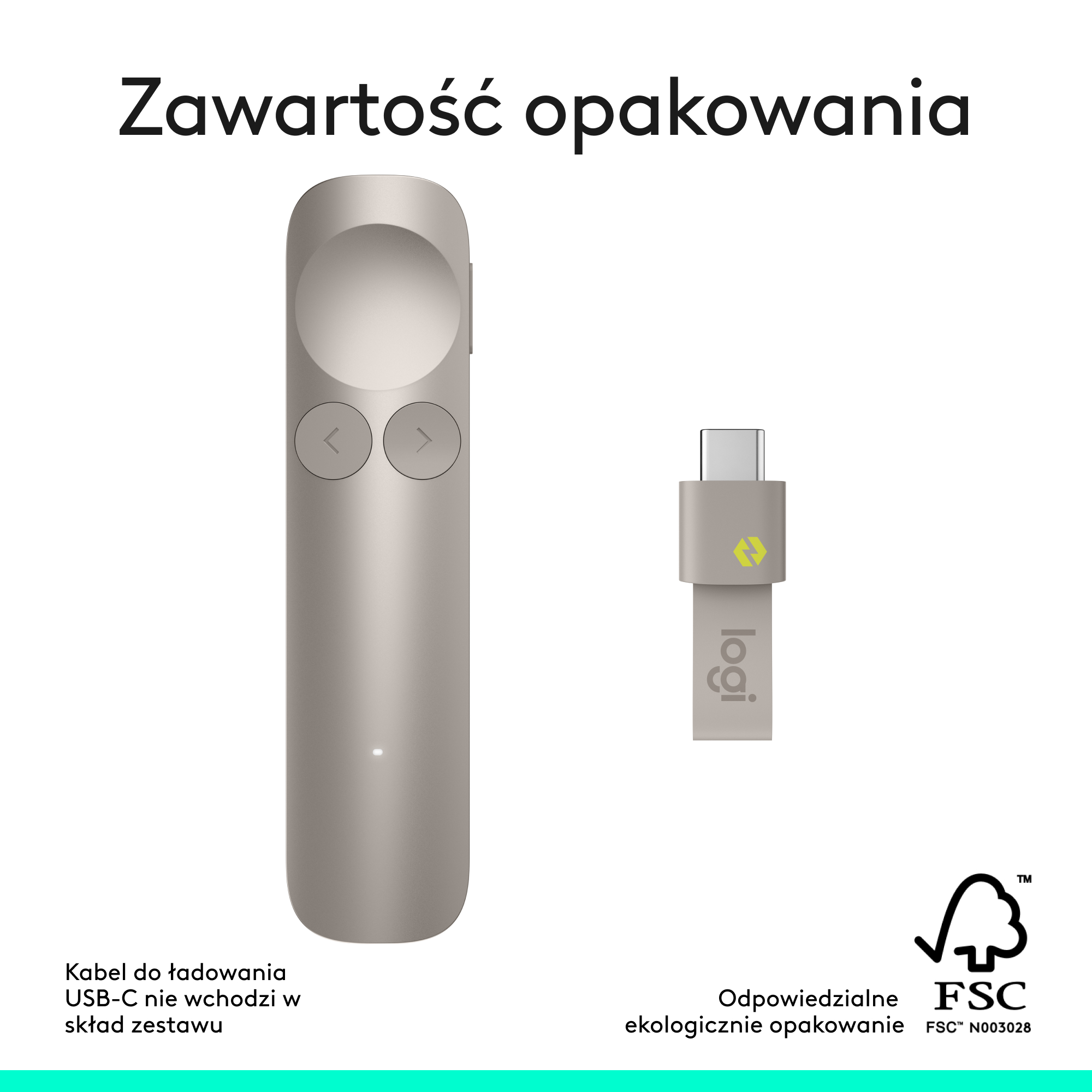 Srebrny prezenter i adapter USB-C Logi na białym tle.