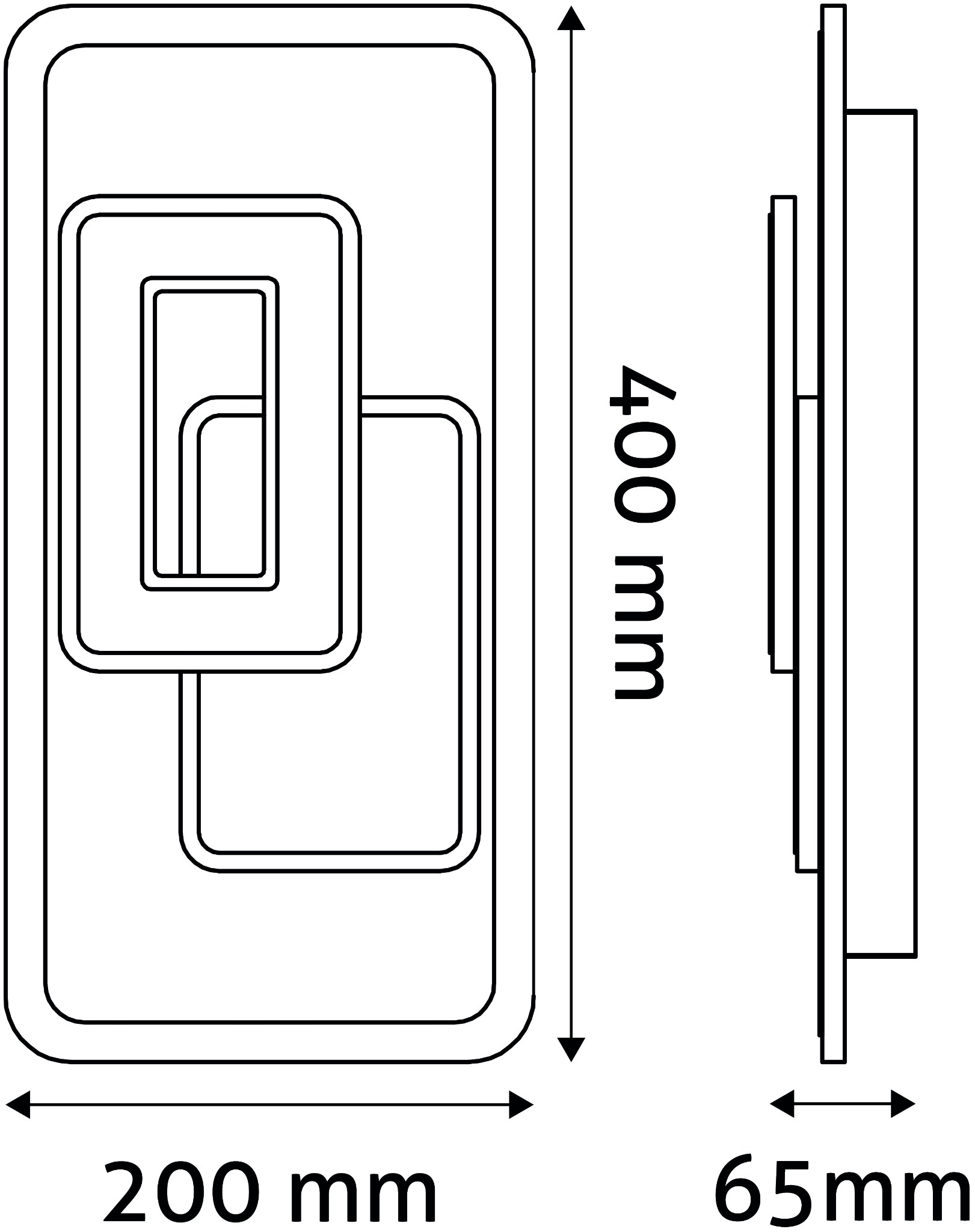 Műszaki rajz: Téglalap alakú tárgy, 400x200x65 mm, több téglalap alakú kerettel.