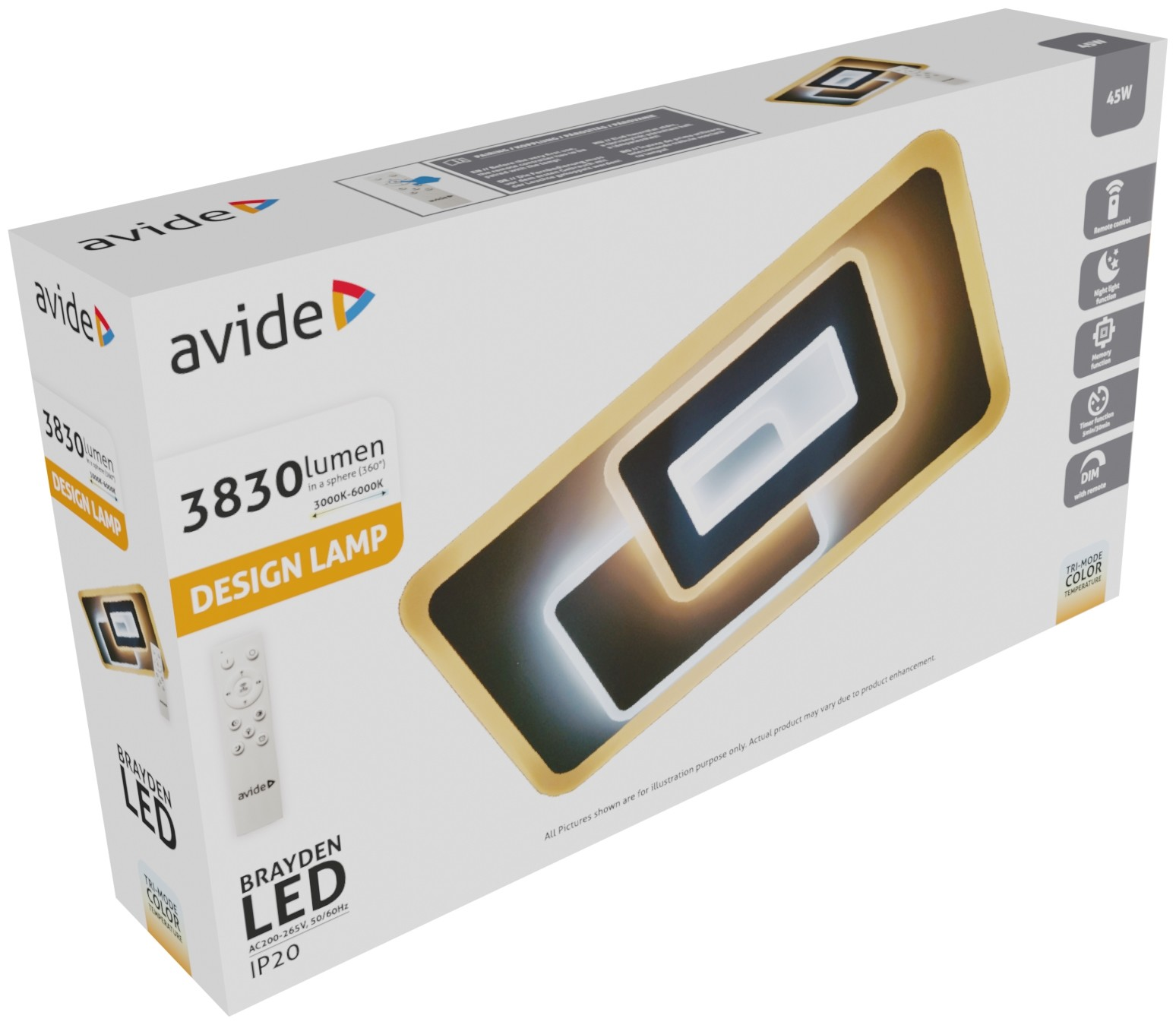 Fehér termékdoboz Avide Brayden LED design lámp ához, arany és fehér téglalap alakú lámpatesttel és távirányítóval.