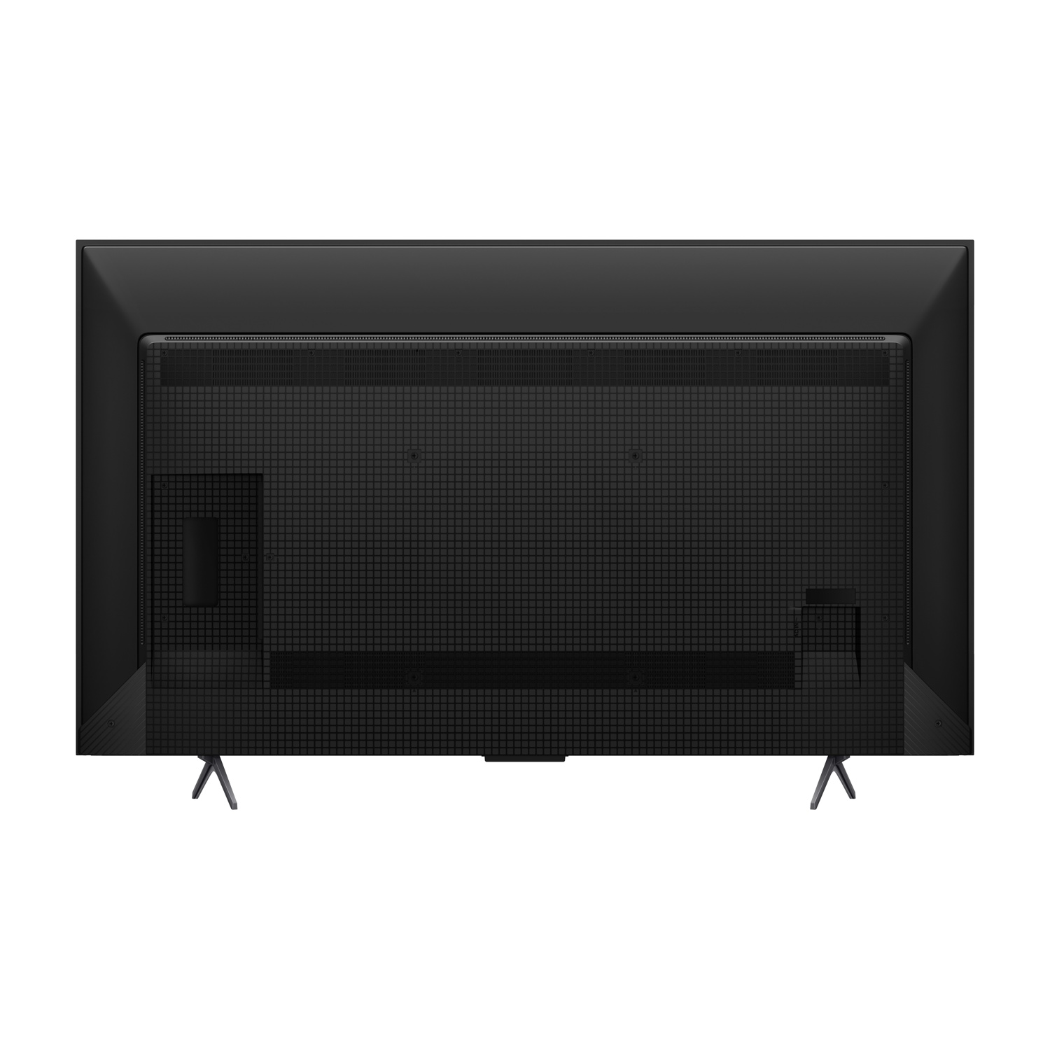 Retro di una TV nera con motivo a griglia e piedini a V.