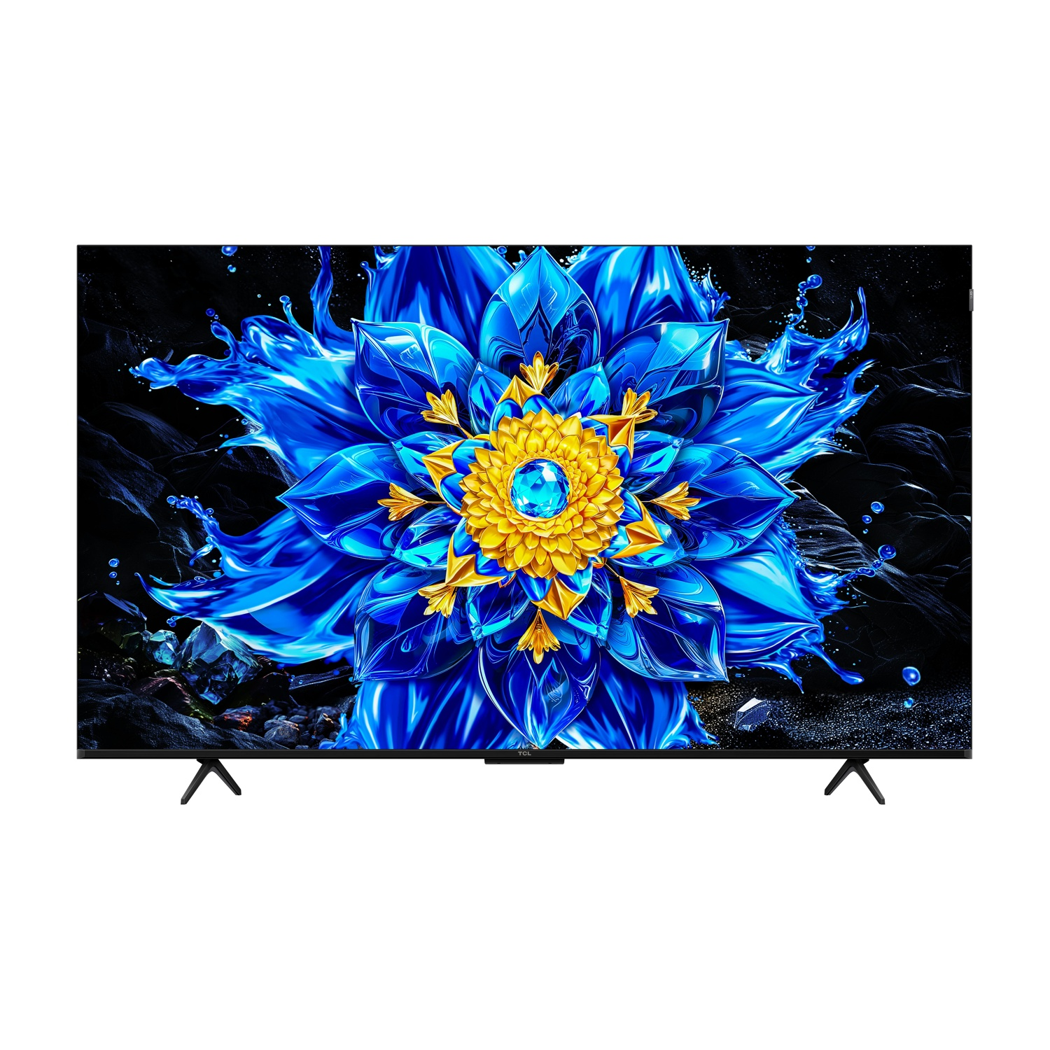 Una smart TV nera mostra un vibrante fiore blu e oro con effetti di schizzi d'acqua su uno sfondo scuro.
