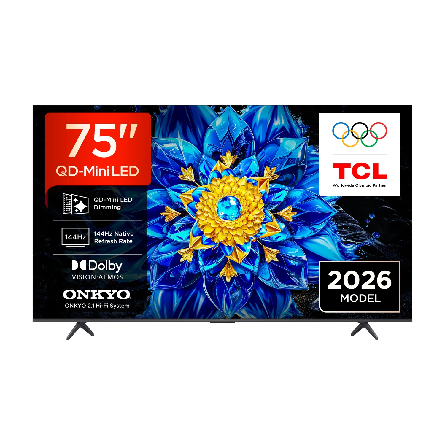 TV TCL da 75" con QD-Mini LED, 144Hz, Dolby Vision/Atmos e sistema audio Onkyo.