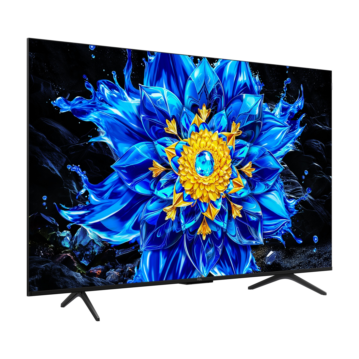 Un televisore nero con un vivace schizzo a forma di fiore blu e giallo sullo schermo, su uno sfondo scuro e strutturato.