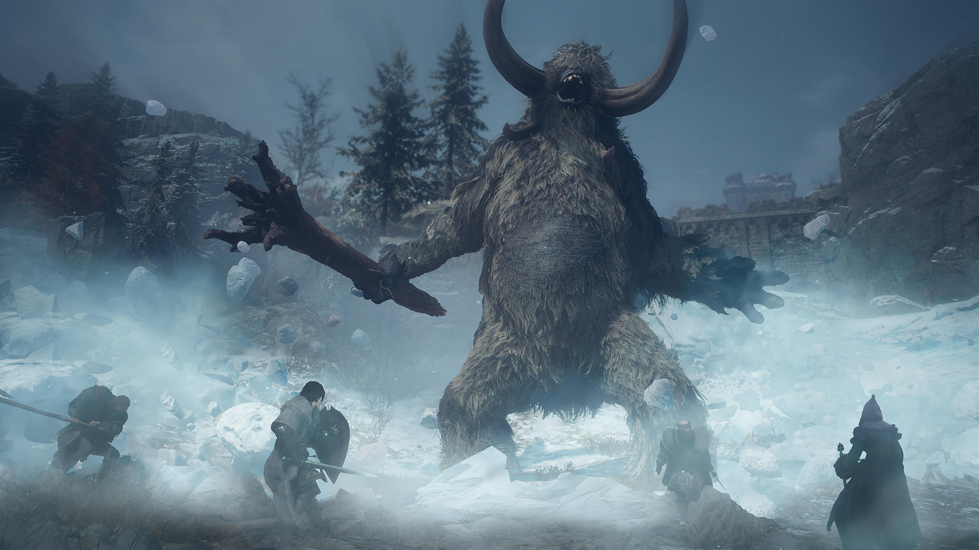 Ein haariges Monster mit Hörnern kämpft gegen Krieger im Schnee.