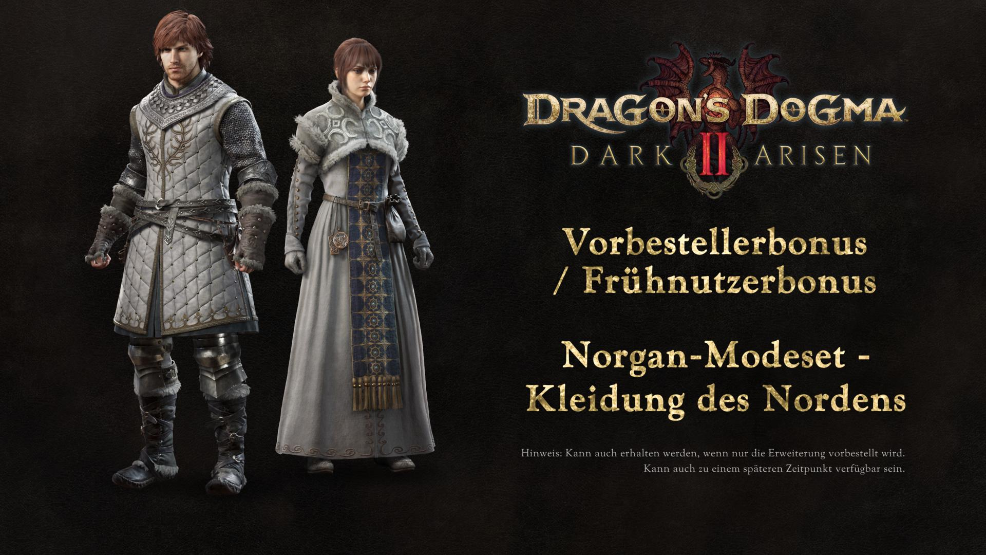 Zwei Charaktere, männlich und weiblich, in mittelalterlicher Fantasiekleidung, mit Textüberlagerung für „Dragon's Dogma Dark Arisen“.