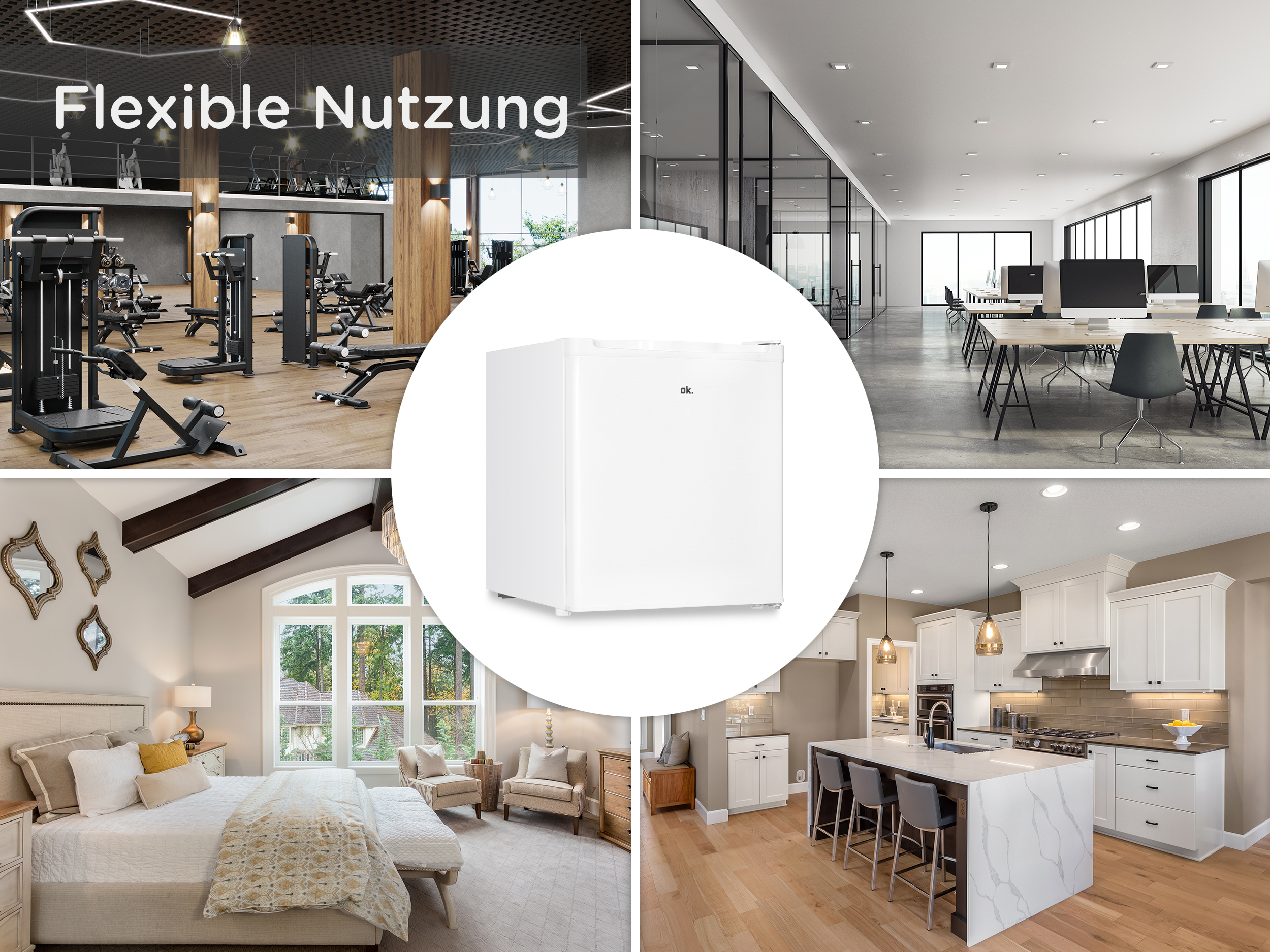Collage: Fitnessstudio, Büro, Schlafzimmer, Küche und ein weißer Kühlschrank.