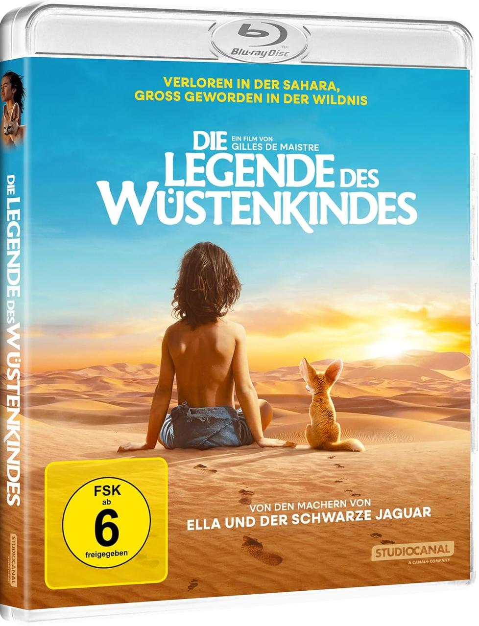 Ein Junge und ein Fennek sitzen in der Wüste. Blu-ray Cover.