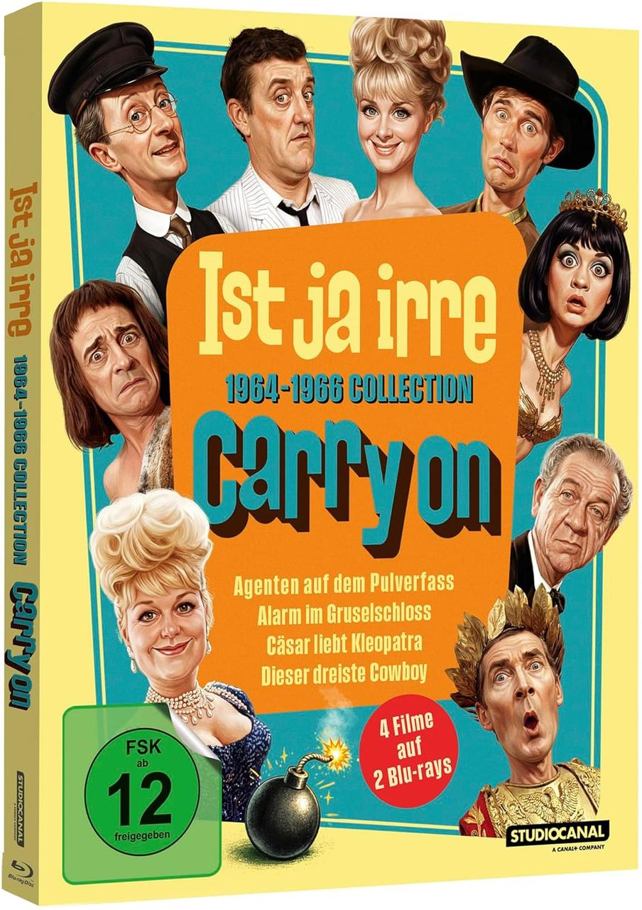 Filmcover mit Karikaturen von Schauspielern, "Ist ja irre" Schriftzug und Filmtiteln.