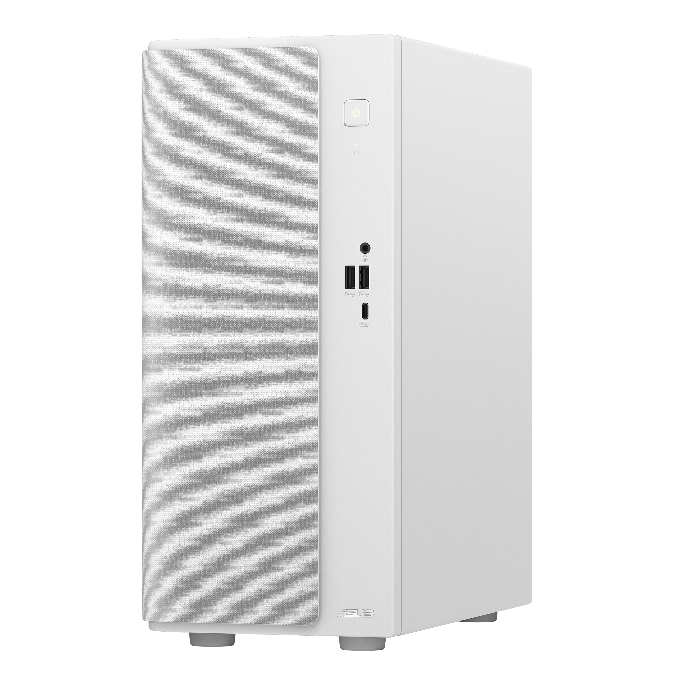Ein weißer PC-Tower mit Stofffront und Anschlüssen an der Seite.