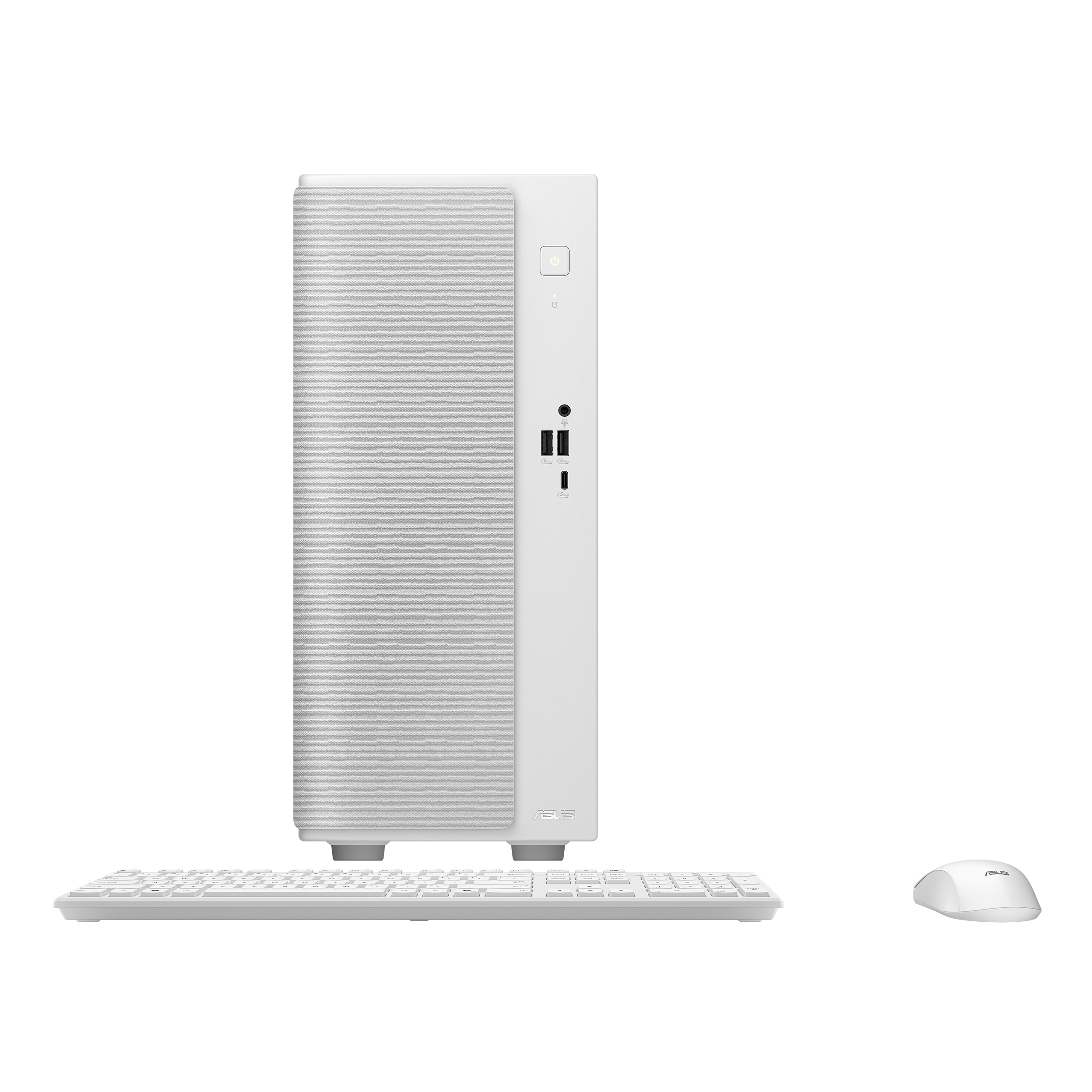 Ein weißer Desktop-PC mit Tastatur und Maus auf schwarzem Hintergrund.