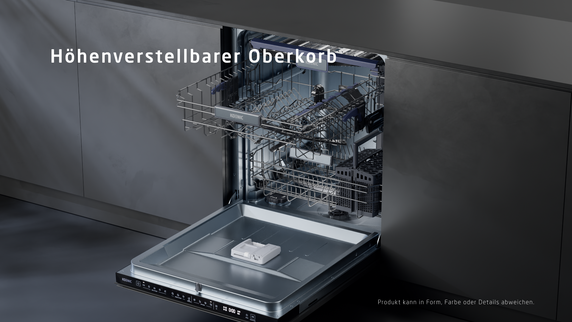 Ein offener Geschirrspüler in einer modernen Küche, der seinen höhenverstellbaren Oberkorb zeigt, mit Text "Höhenverstellbarer Oberkorb".