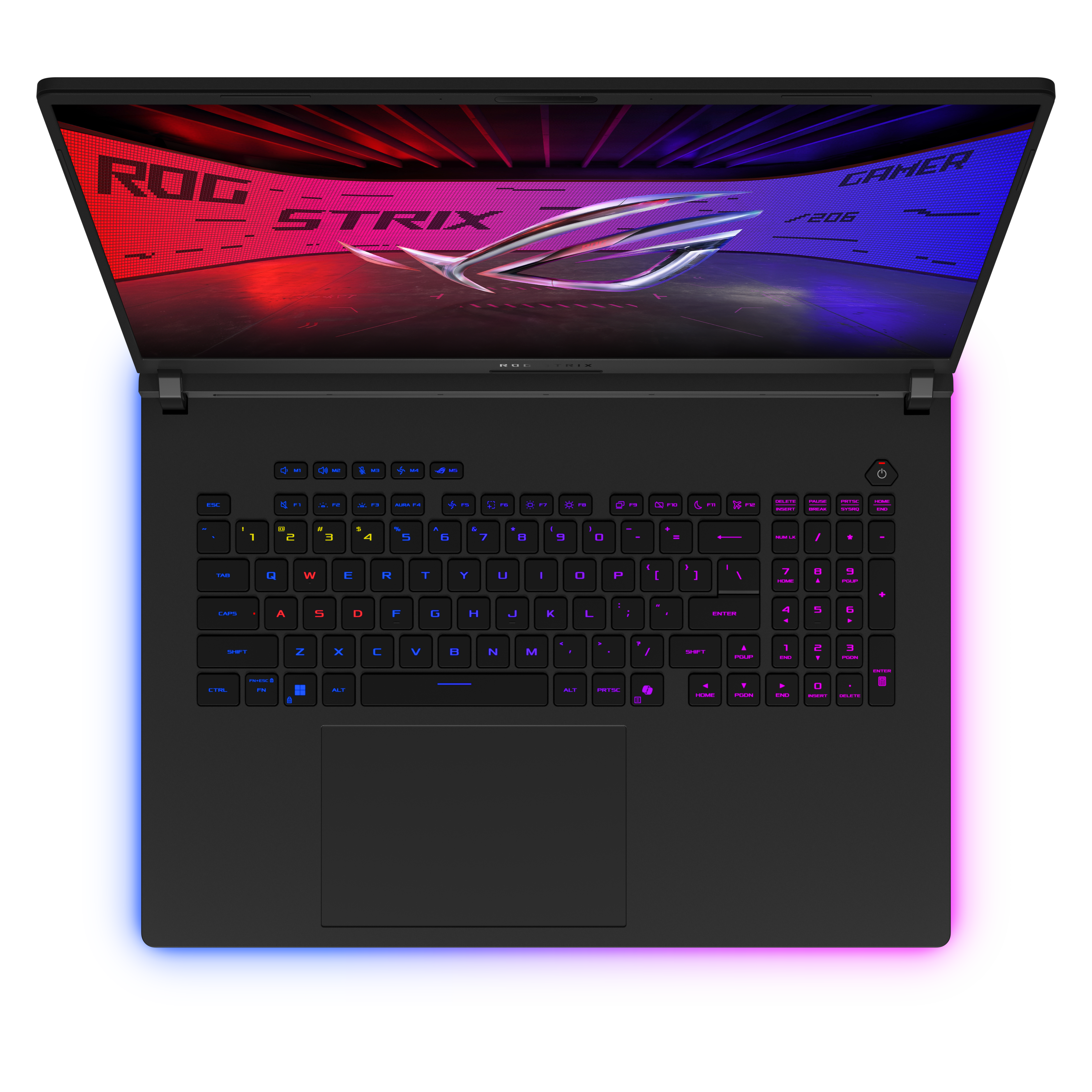 Ein geöffneter schwarzer Laptop mit beleuchteter Tastatur und RGB-Beleuchtung.