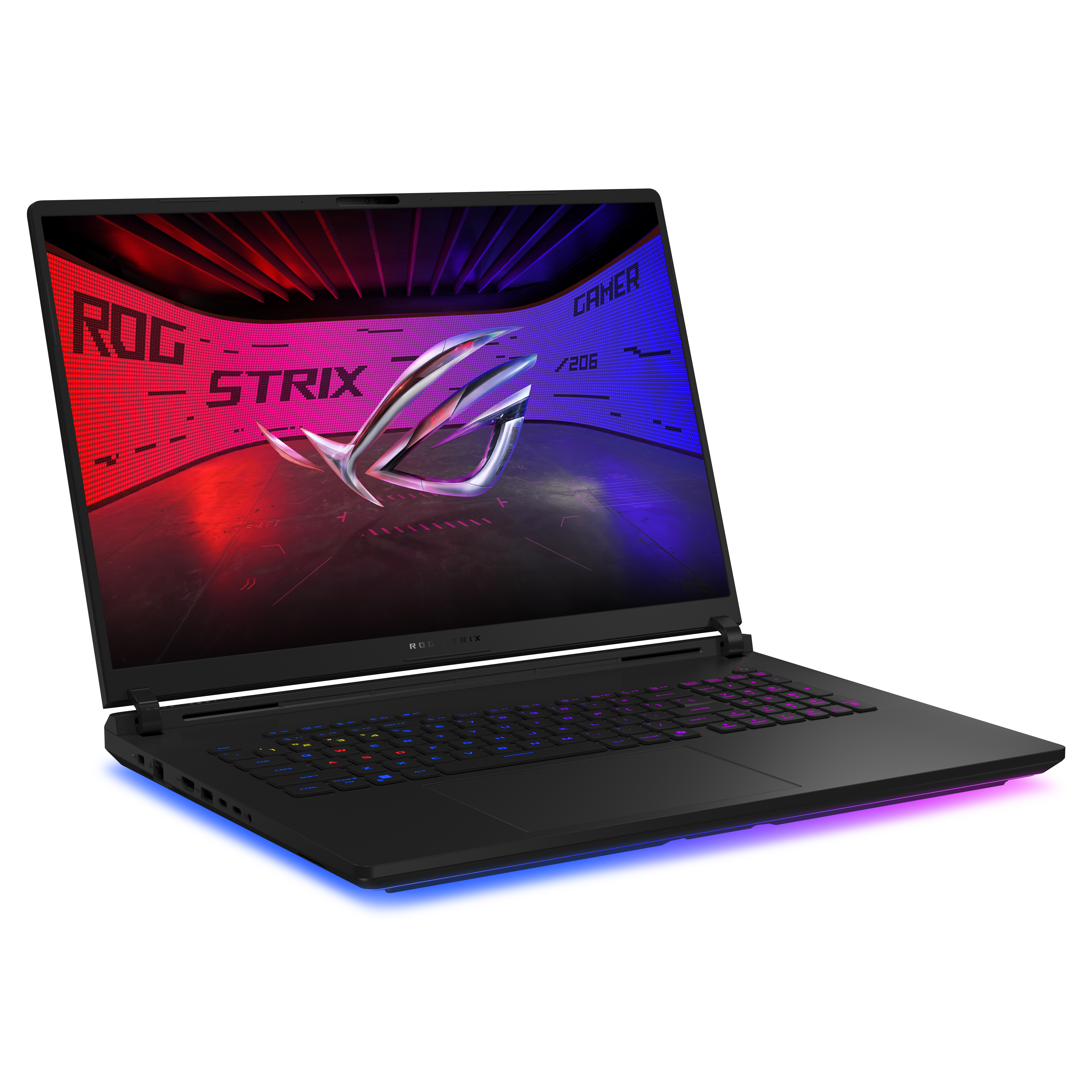Schwarzer Gaming-Laptop mit beleuchteter Tastatur und ROG-Logo auf dem Bildschirm.
