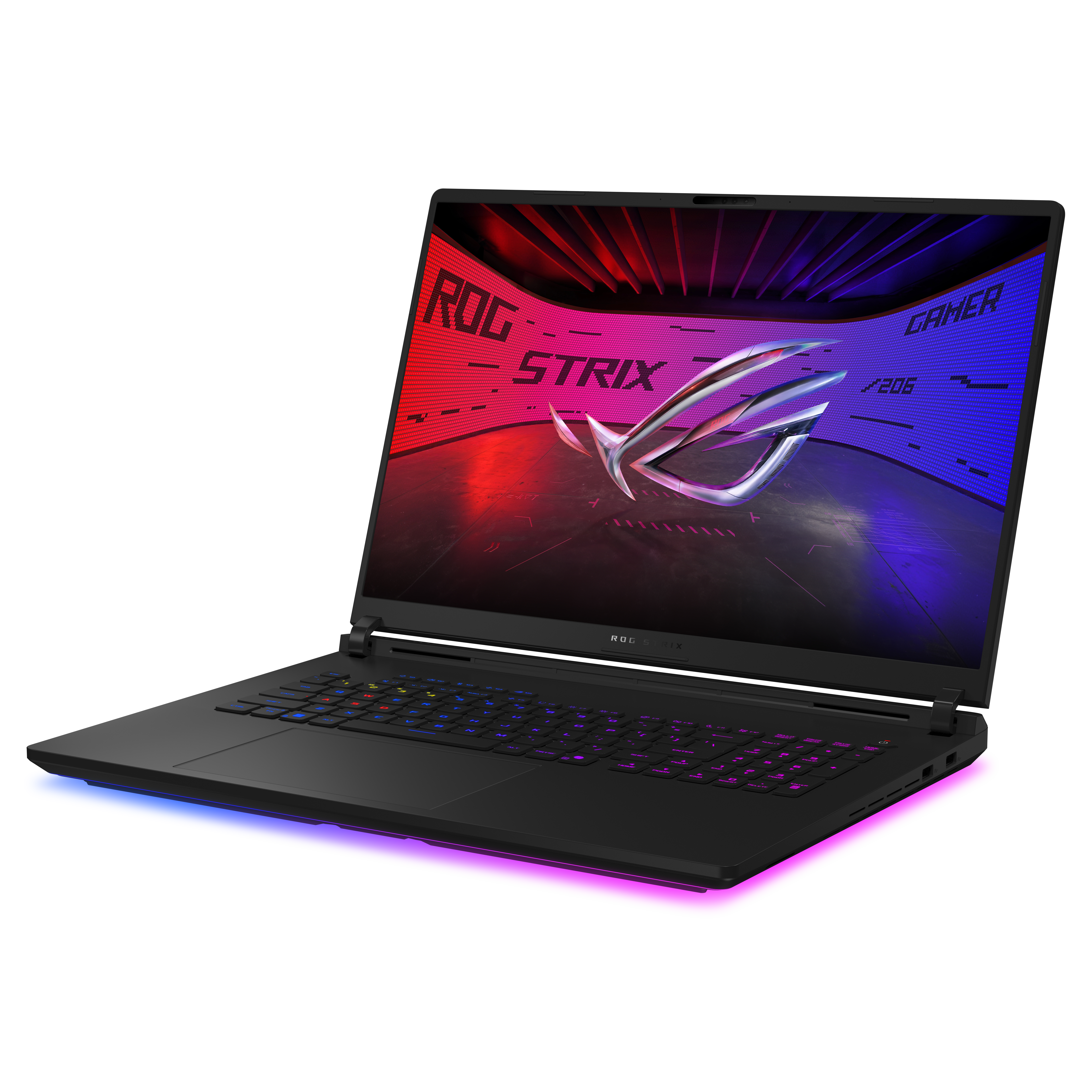 Schwarzer Gaming-Laptop mit beleuchteter Tastatur und ROG-Logo auf dem Bildschirm.