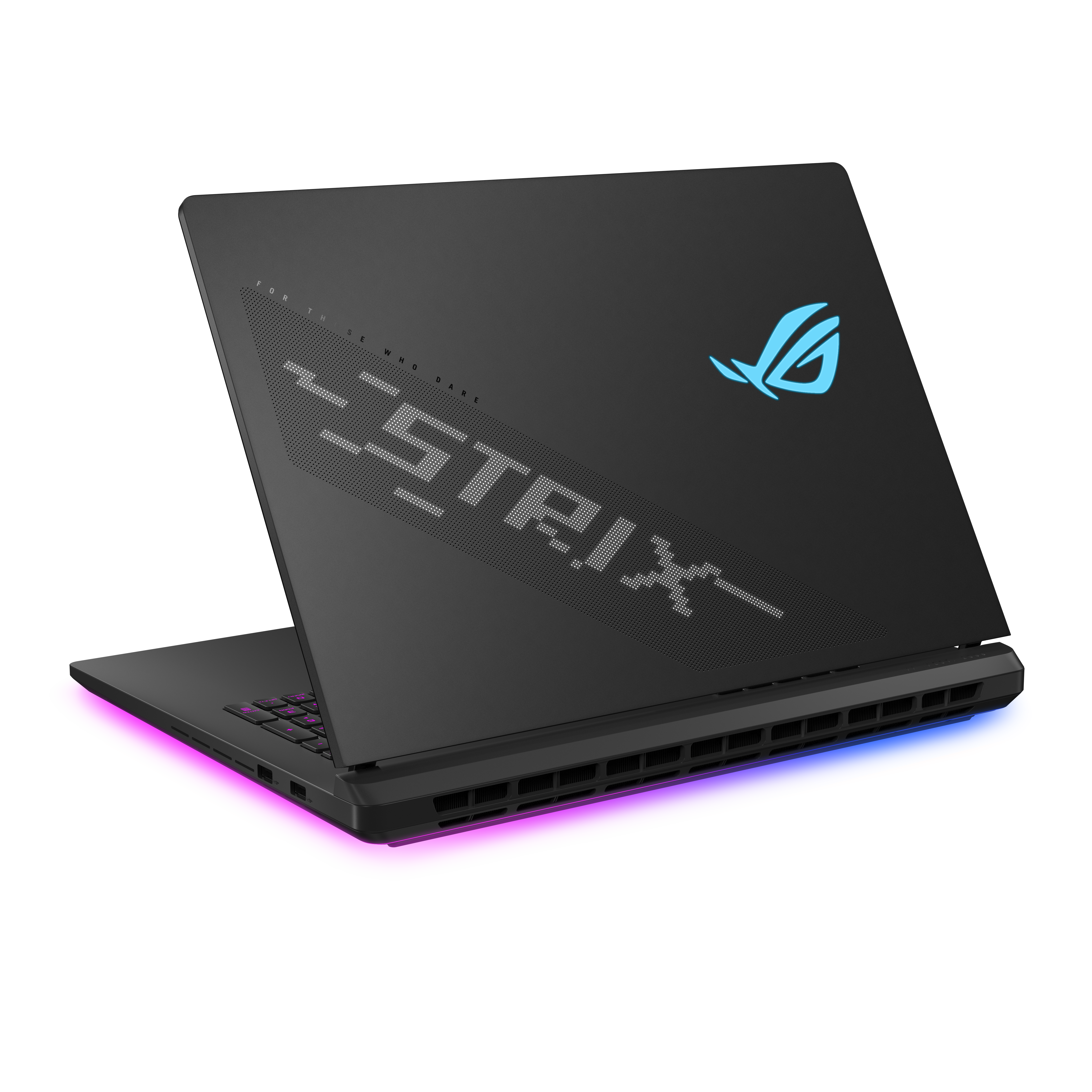 Schwarzer Laptop mit leuchtend blauem Logo und violetter Beleuchtung.