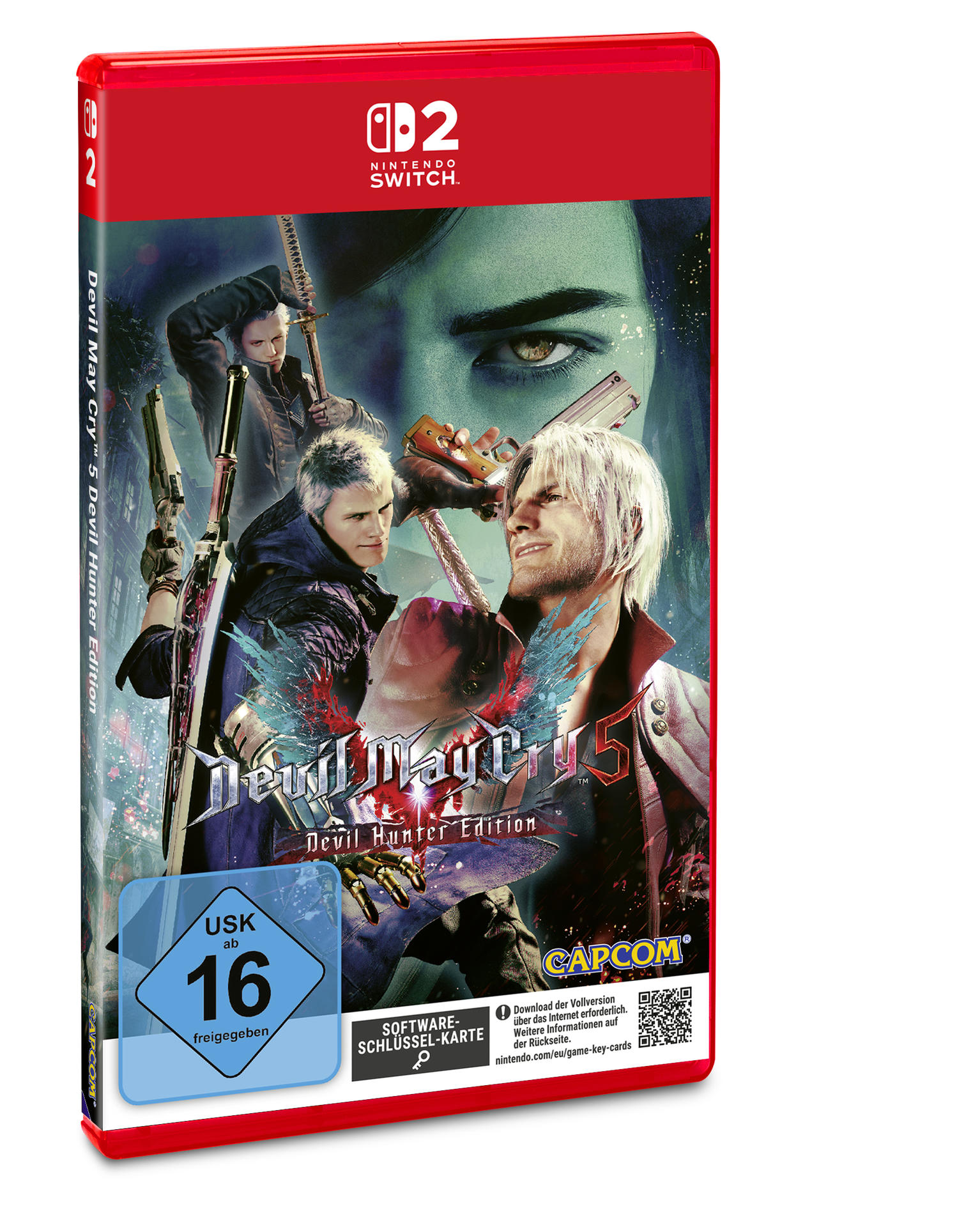 Rote Devil May Cry 5: Devil Hunter Edition Spielhülle mit drei Charakteren und Waffen auf dem Cover.