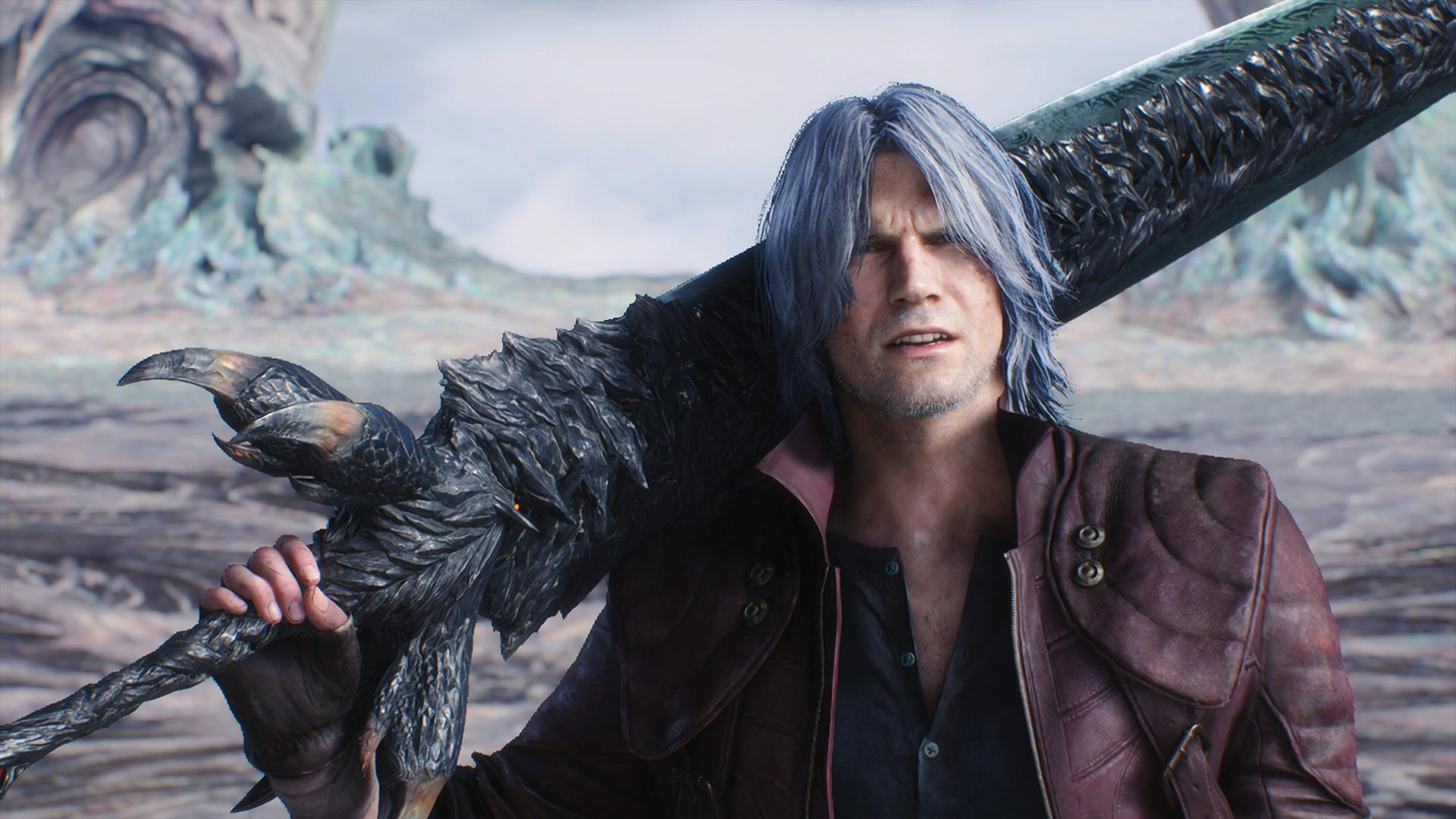 Mann mit blauem Haar und roter Jacke trägt ein riesiges Schwert über der Schulter.