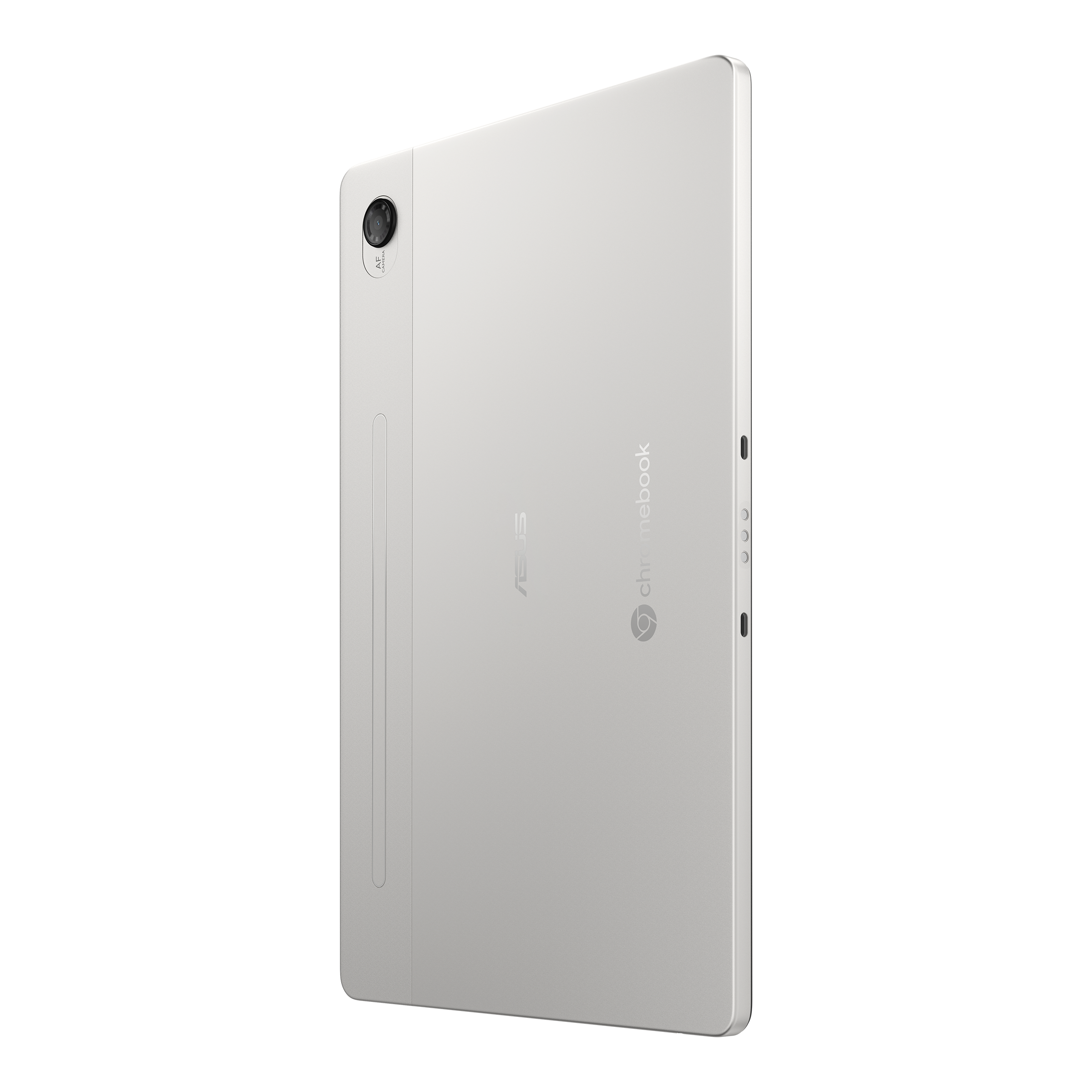 Ein weißes Tablet mit einer Kamera in der oberen linken Ecke, ASUS- und Chromebook-Logos sind auf der Rückseite sichtbar, auf schwarzem Hintergrund.