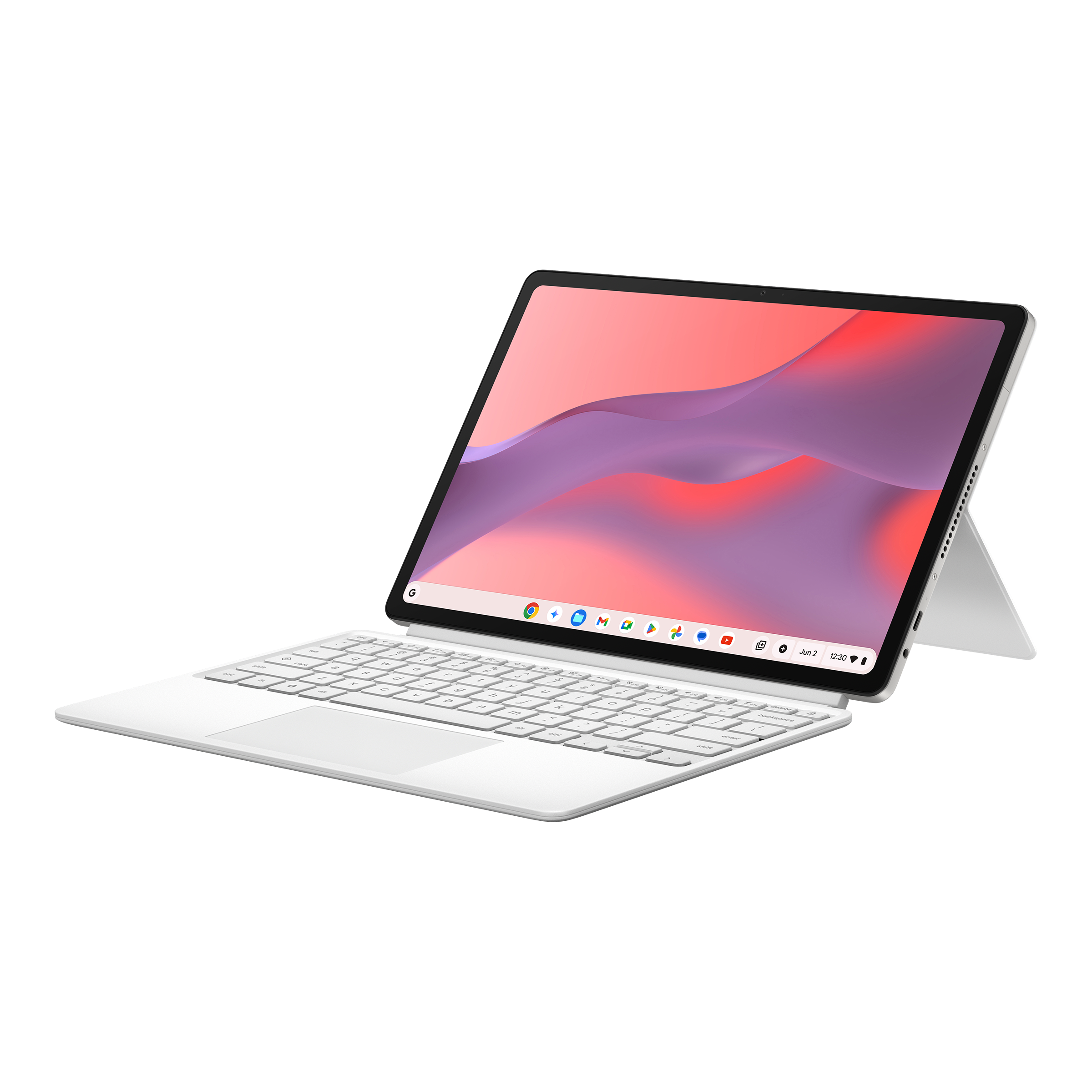 Ein weißes Laptop mit abnehmbarer Tastatur und einem farbenfrohen Hintergrund auf dem Bildschirm.