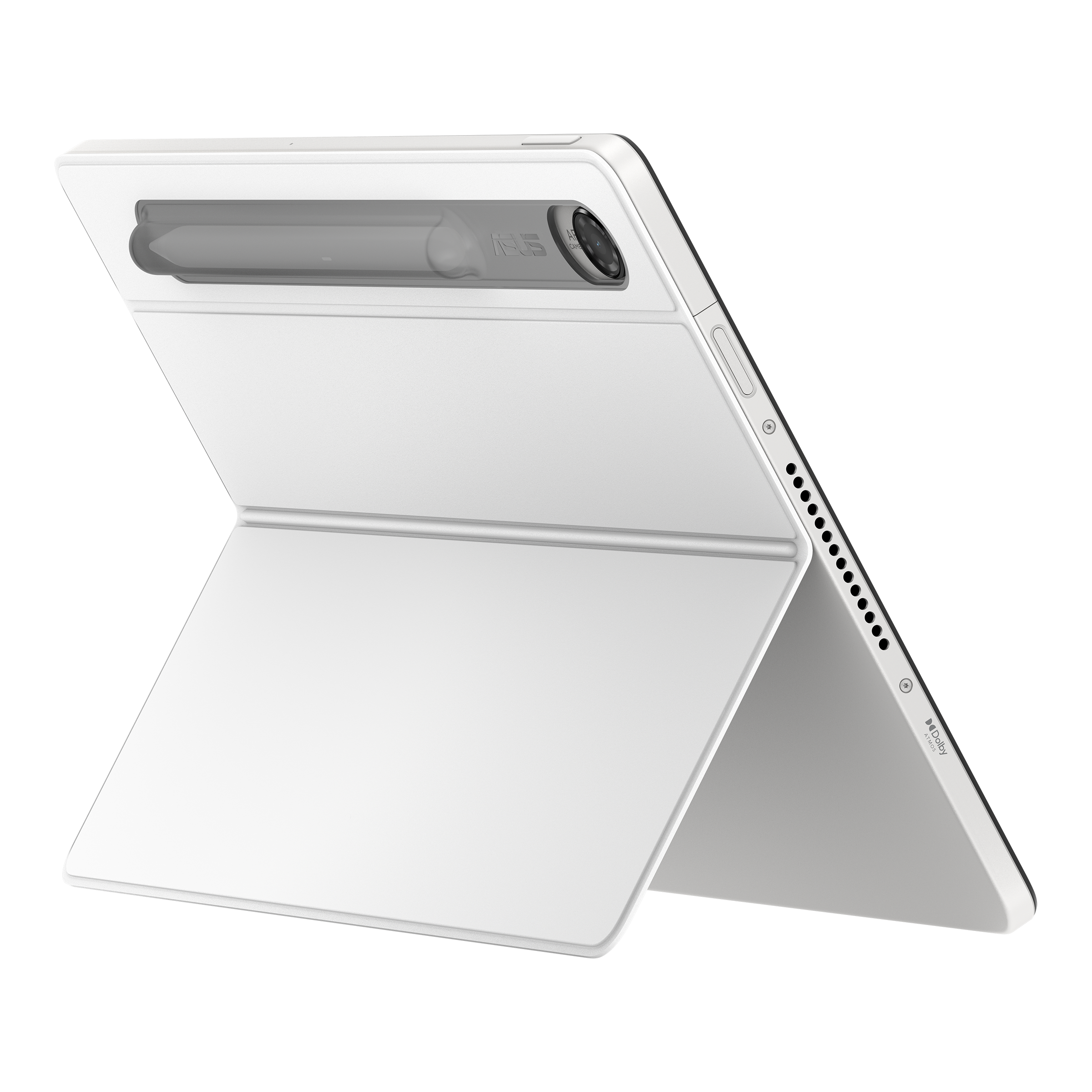 Ein weißes Tablet mit einem Stylus in einer Hülle, die sich zu einem Ständer zusammenklappen lässt, von hinten rechts vor schwarzem Hintergrund gesehen.