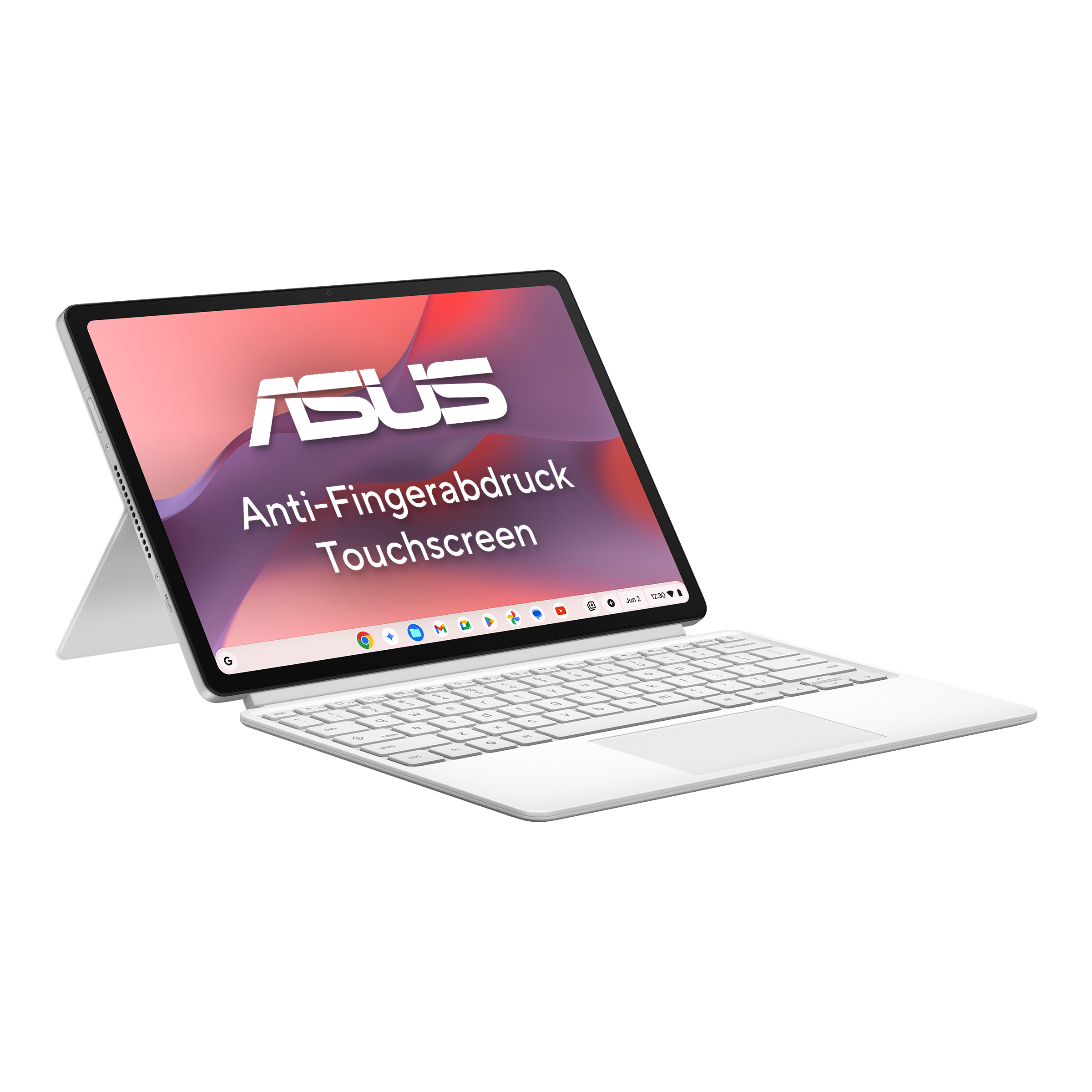 Ein weißes ASUS Tablet mit abnehmbarer Tastatur, das auf einem schwarzen Hintergrund steht.