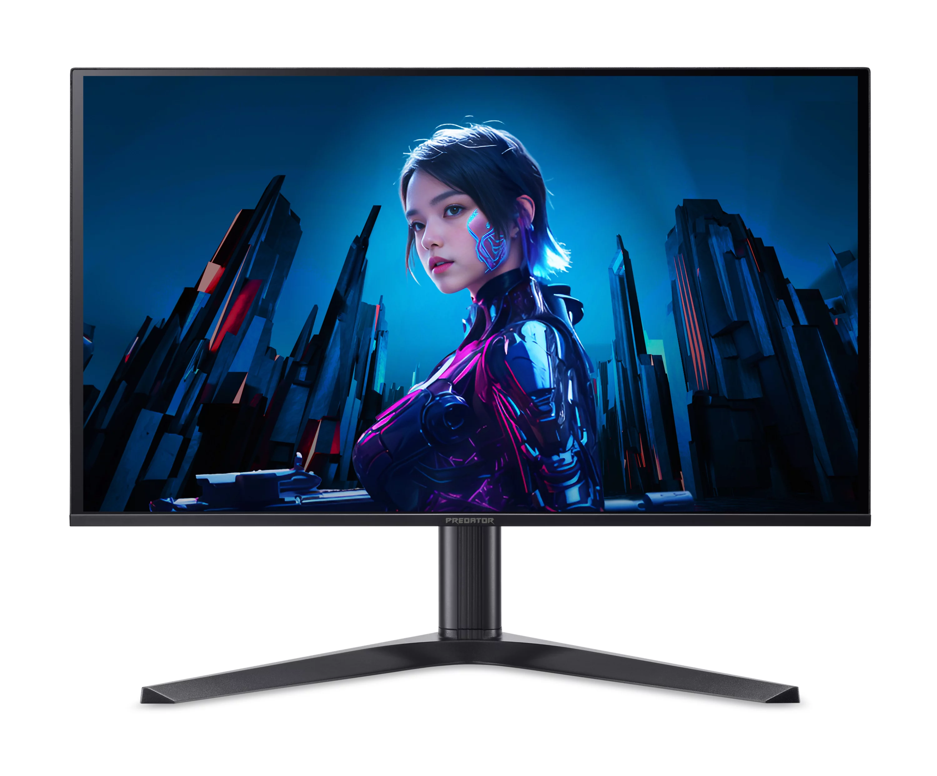 Egy gamer monitor futurisztikus lányt mutat kék világítással.