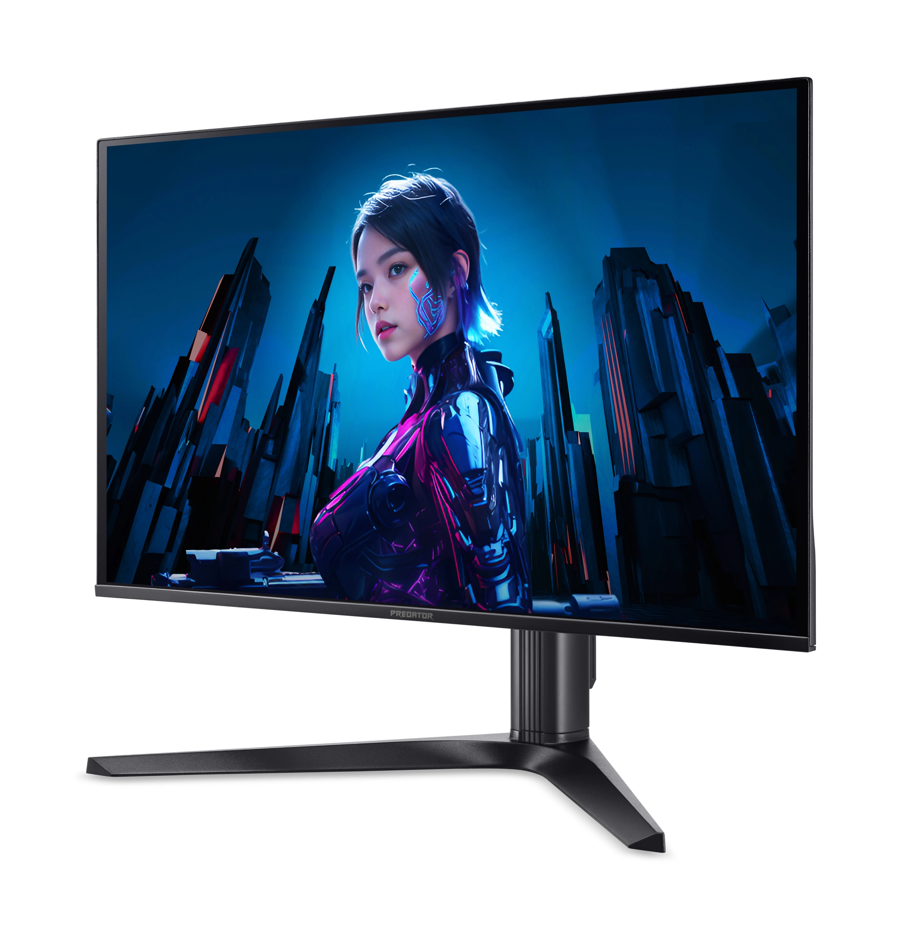 Egy gamer monitor egy nő futurisztikus képét mutatja egy cyberpunk város előtt.