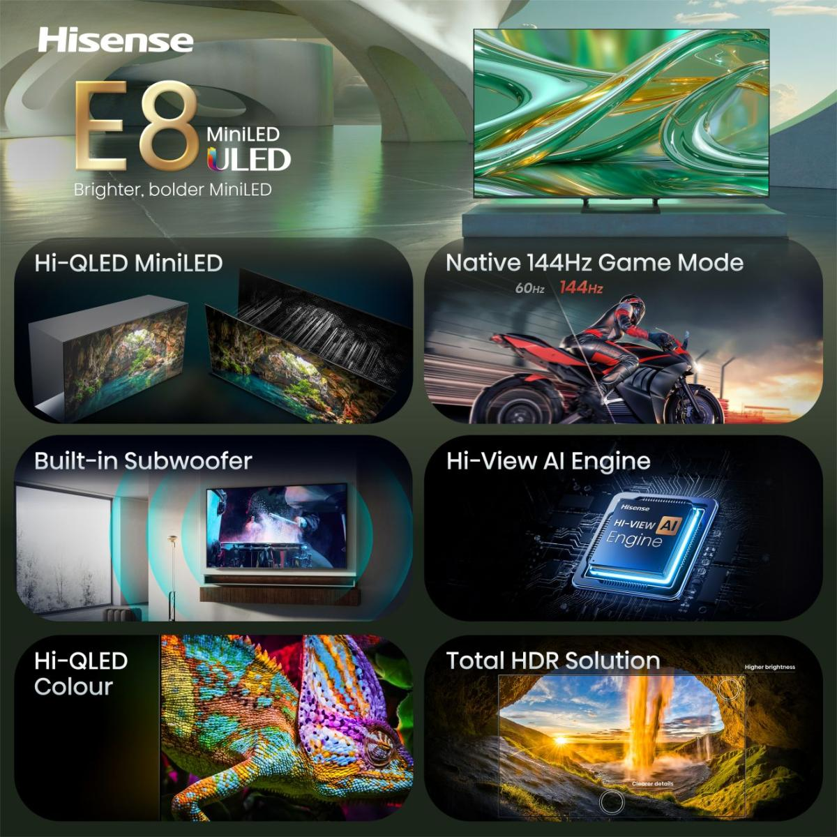 Telewizor Hisense E8 MiniLED z HDR, trybem gier 144Hz, silnikiem AI, subwooferem i żywymi kolorami.