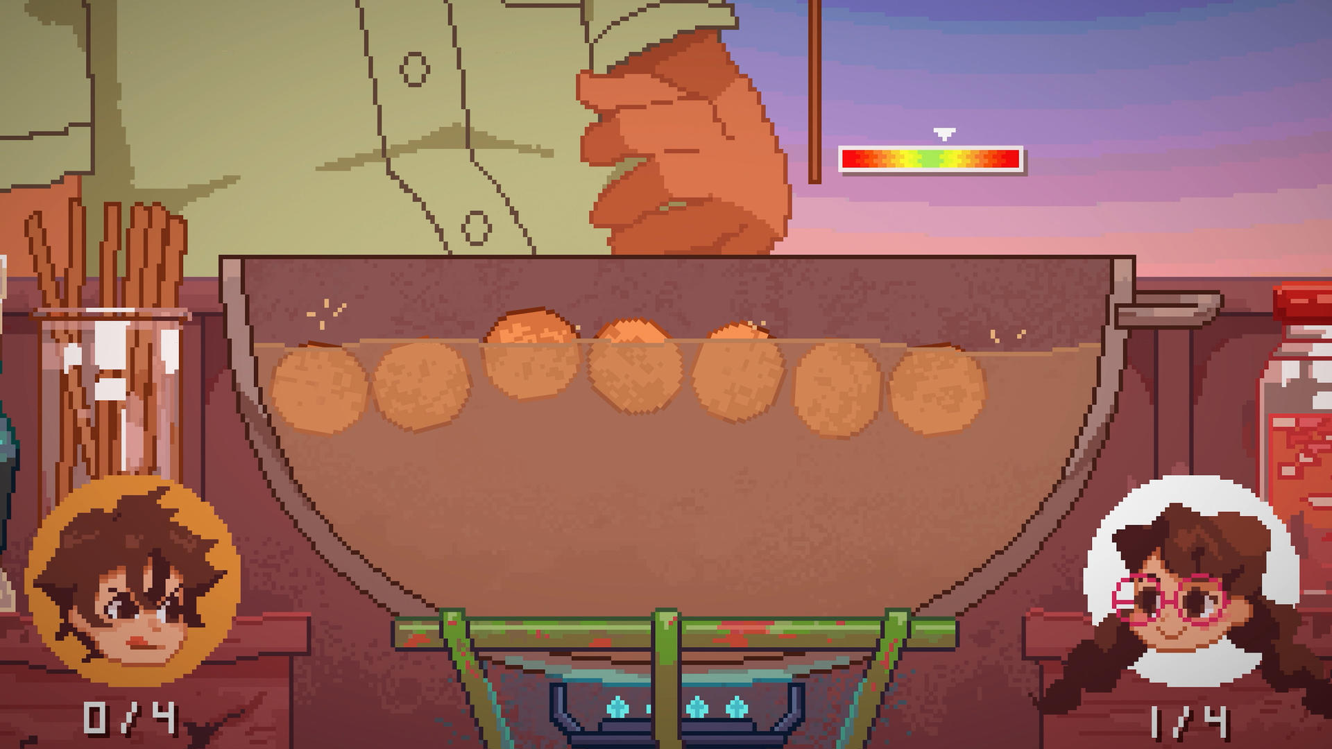 Pixel-Art-Spielszene: Eine Person kocht runde, orangefarbene Speisen in einer Glasschüssel über einem Herd.