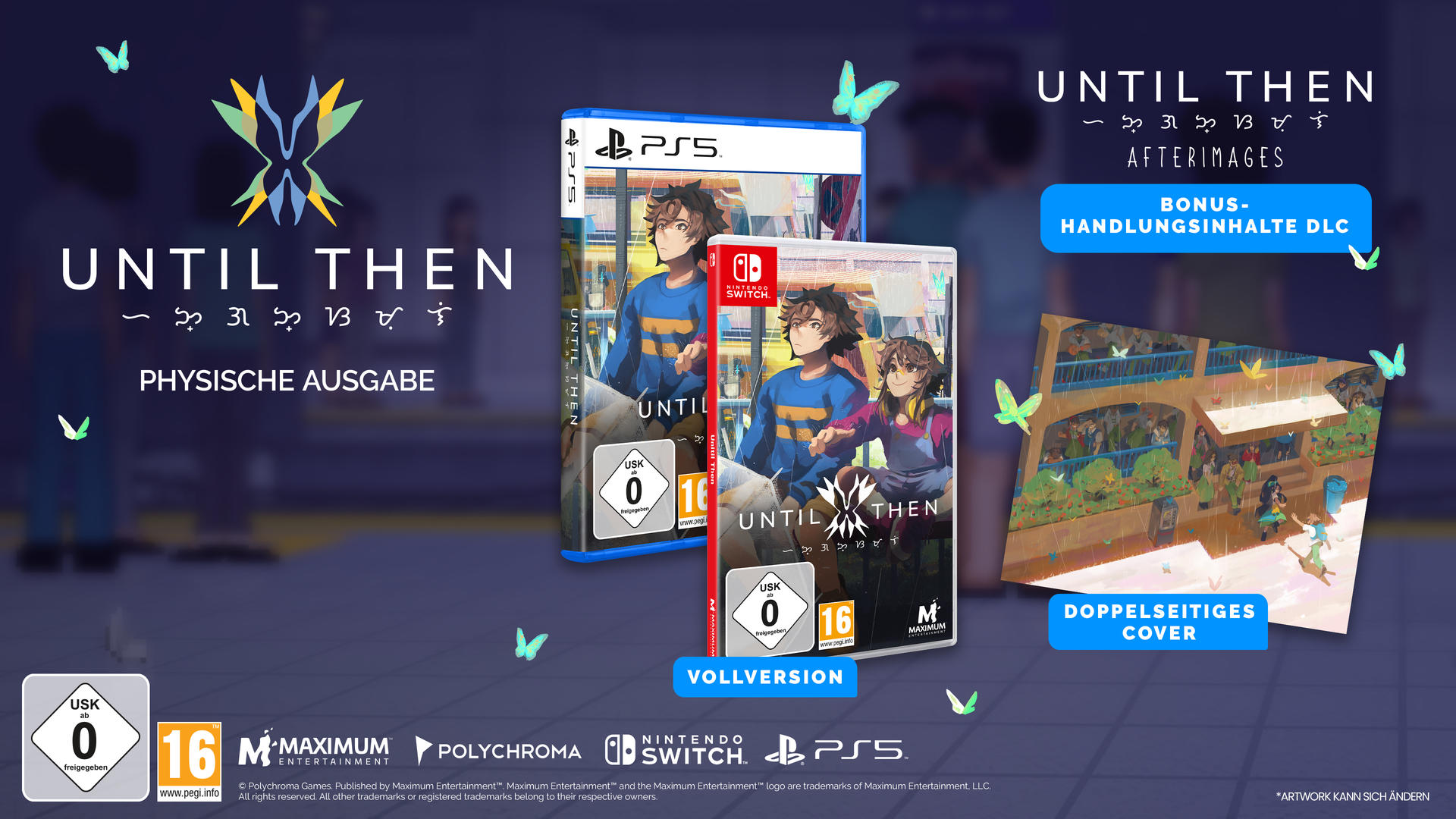 Spielhüllen für PS5 und Switch, Artwork mit Charakteren und Schmetterlingen.