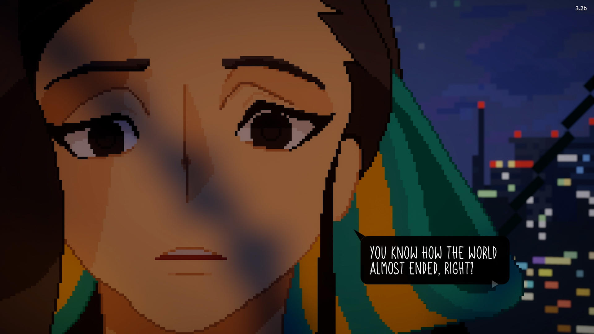 Pixel-Porträt einer Frau im Vordergrund, Stadt bei Nacht im Hintergrund.