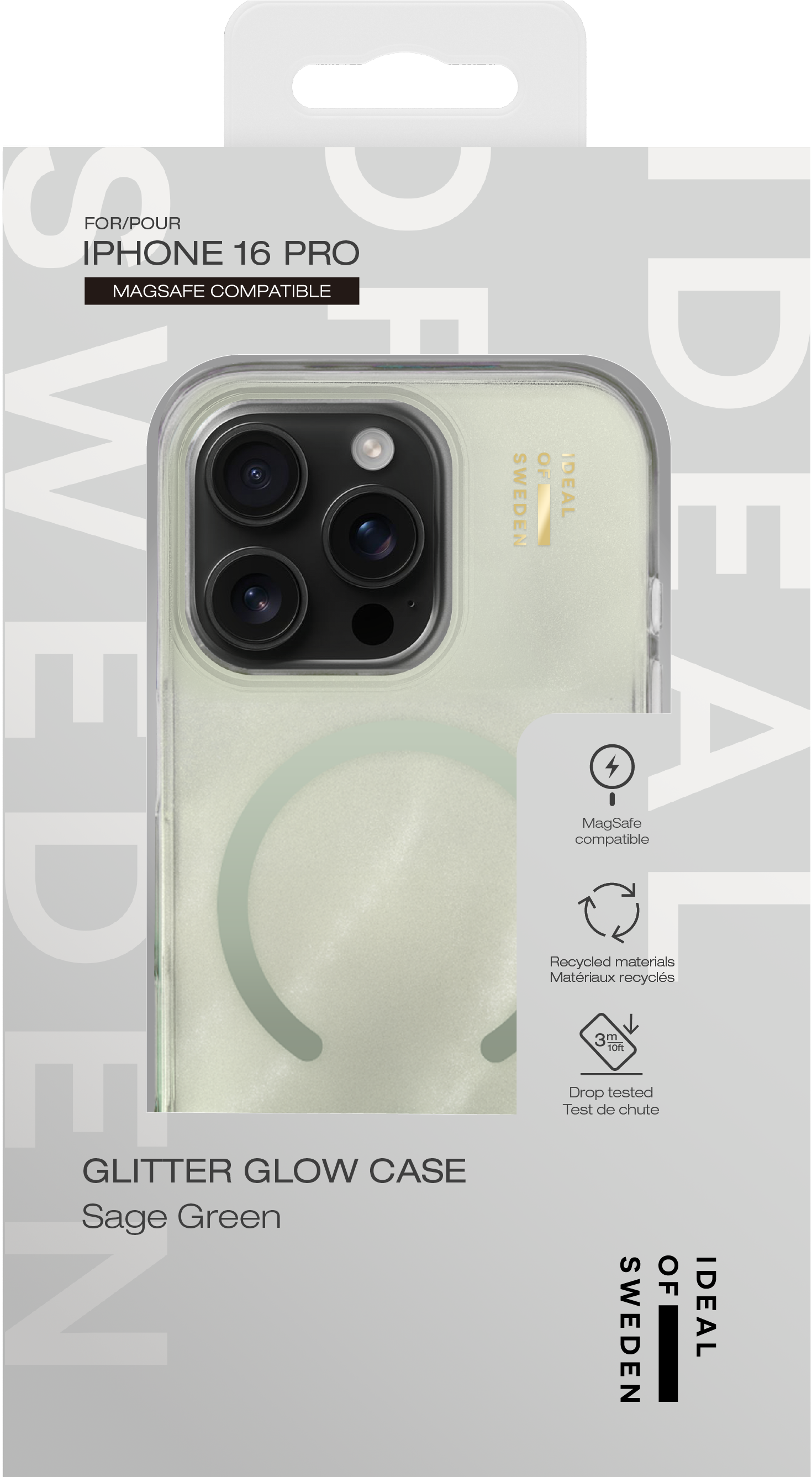 Eine salbeigrüne, glitzernde iPhone 16 Pro Hülle mit MagSafe-Kompatibilität, recycelten Materialien und 3m Falltest.