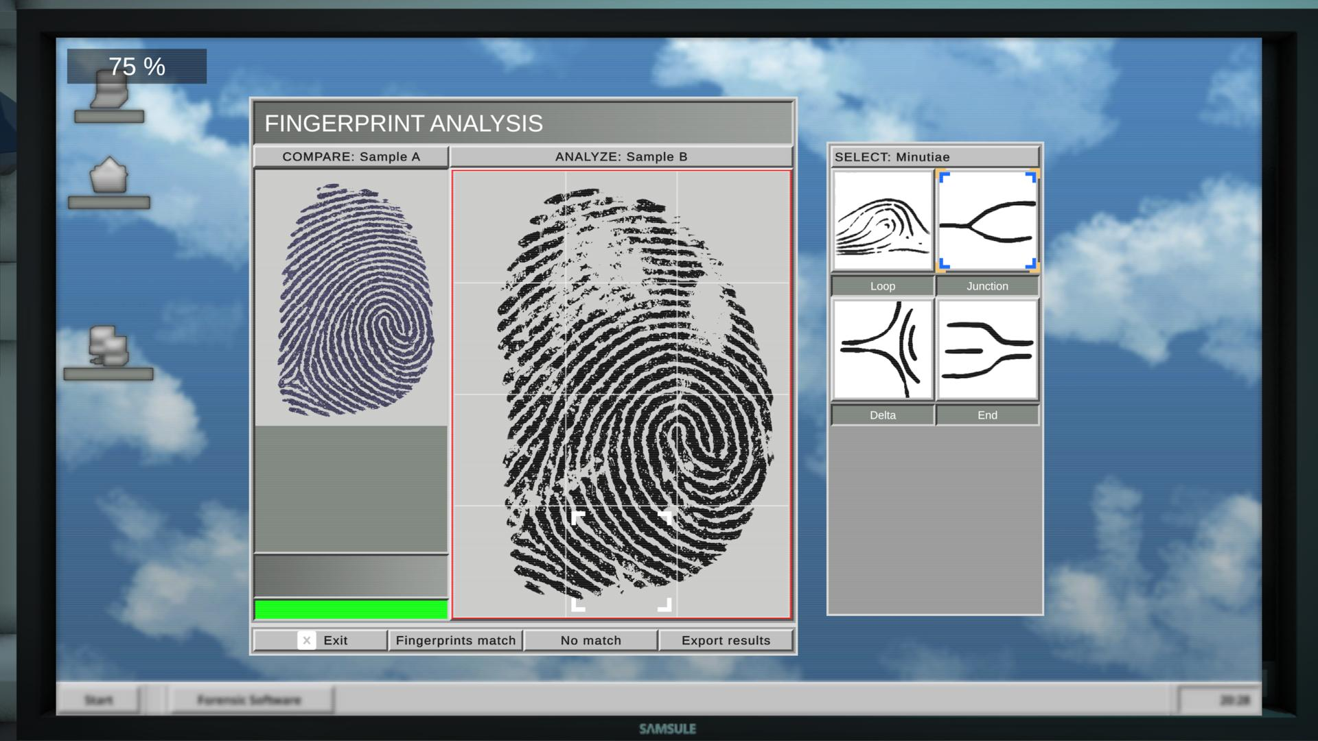 Fingerabdruckanalyse-Software mit zwei Fingerabdrücken und Minutien-Diagrammen.