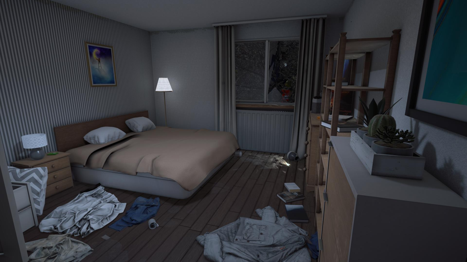 Ein unordentliches Schlafzimmer mit einem Bett, Kleidung auf dem Boden und einem Bücherregal.