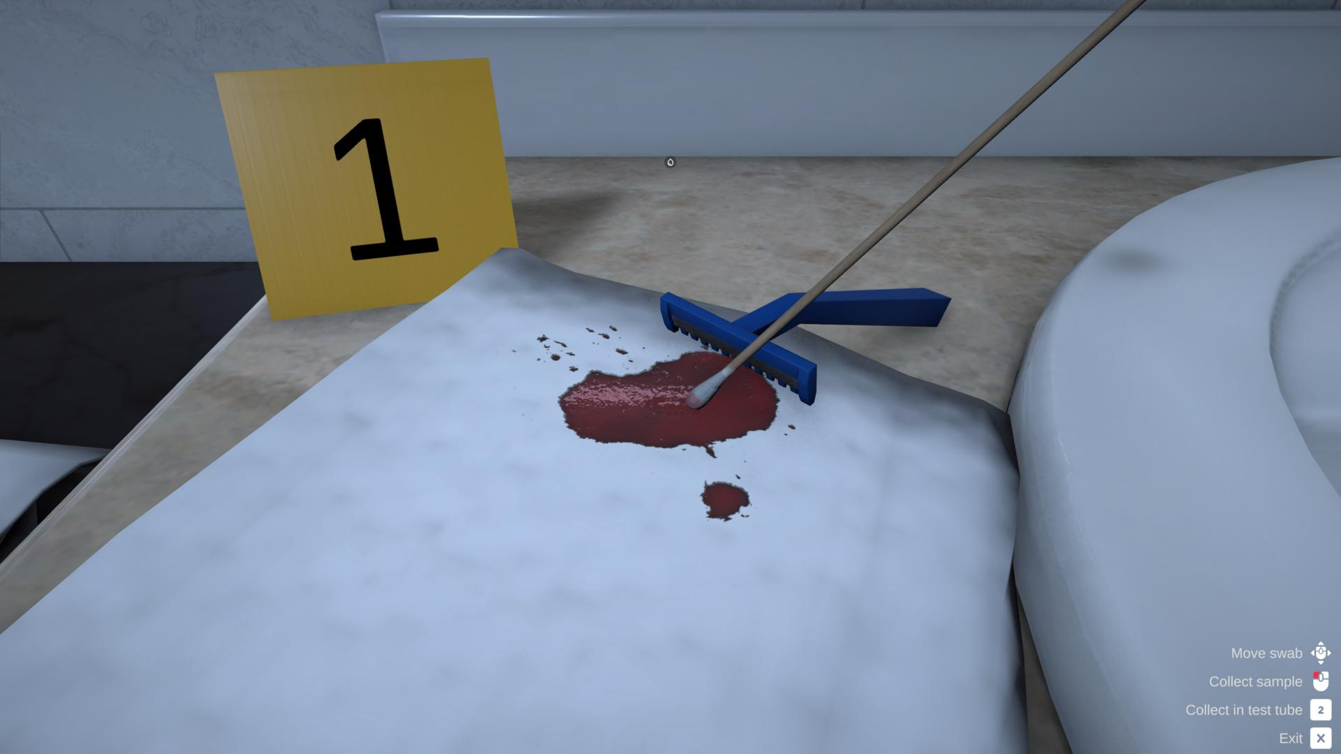 Ein Tupfer liegt in einer Blutlache neben einem gelben Beweismittel-Marker mit der Zahl 1.