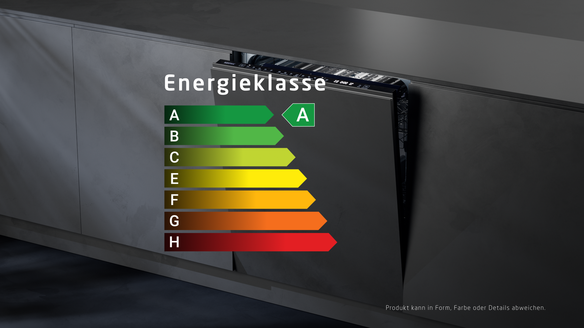 Eine Geschirrspülertür mit einem Energieeffizienzlabel der Klasse A.