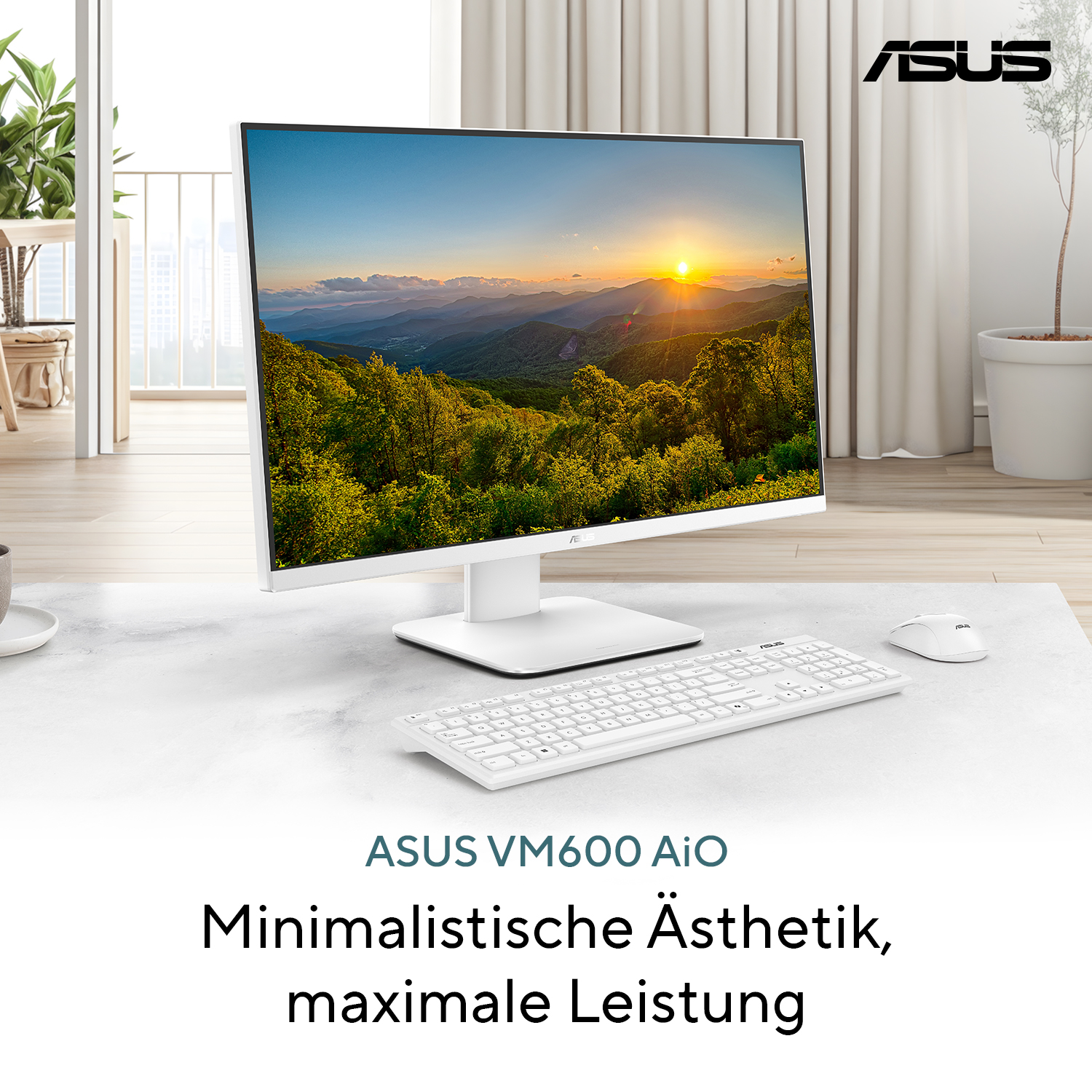 Ein weißer ASUS All-in-One PC mit Tastatur und Maus steht auf einem Schreibtisch.