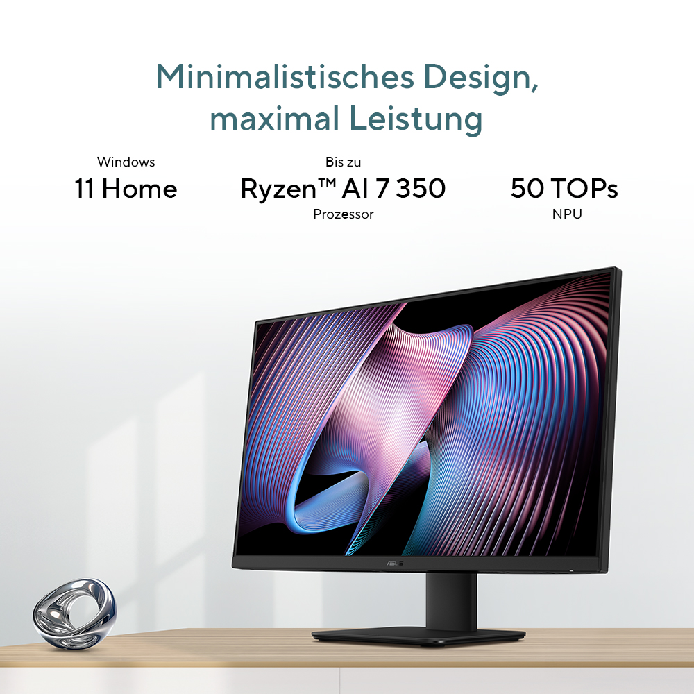 Ein schwarzer Monitor zeigt abstrakte Kunst. Text erwähnt Windows 11 Home, Ryzen AI 7 350.