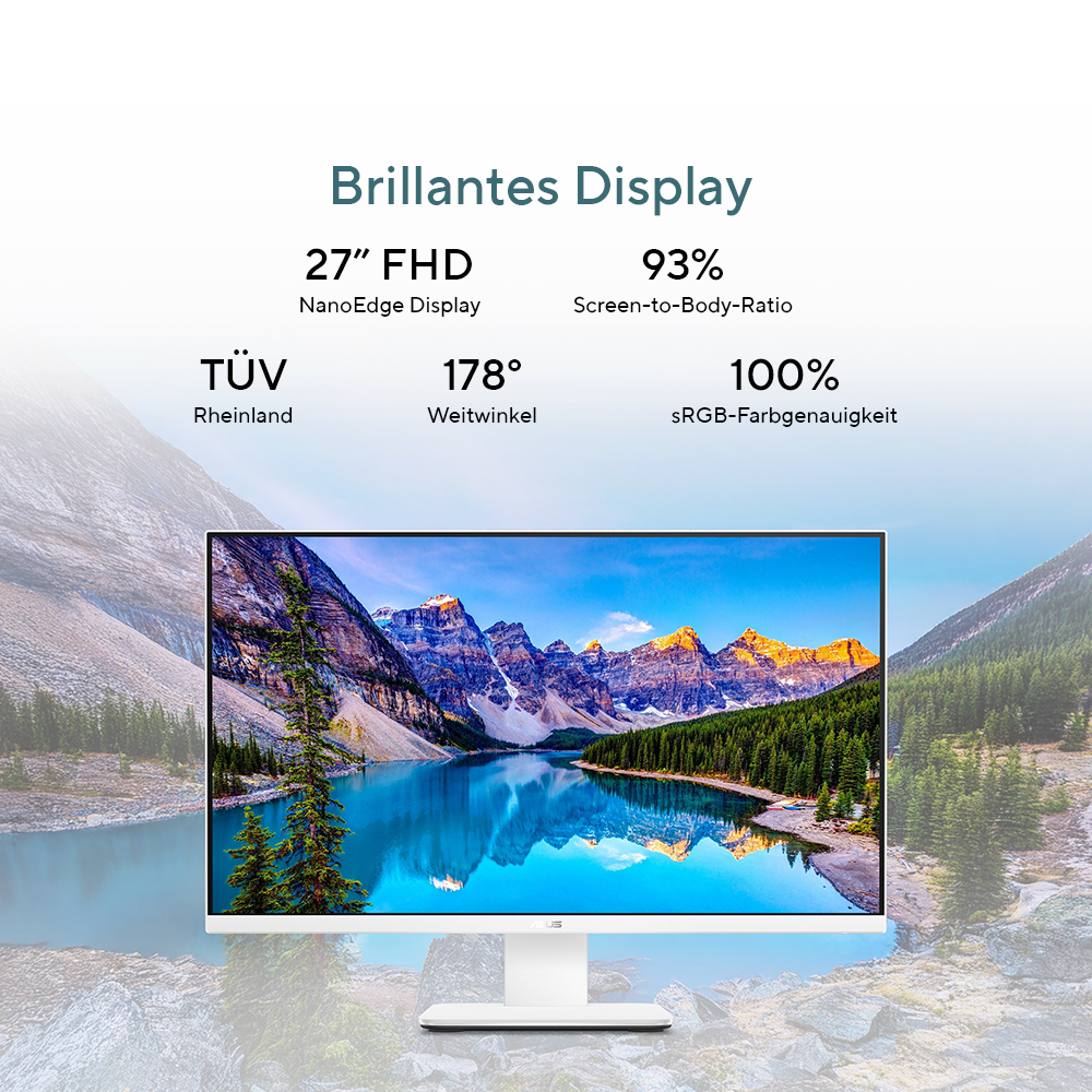 Ein weißer Monitor zeigt ein Bergpanorama. Spezifikationen wie 27 Zoll und 178 Grad sind aufgeführt.