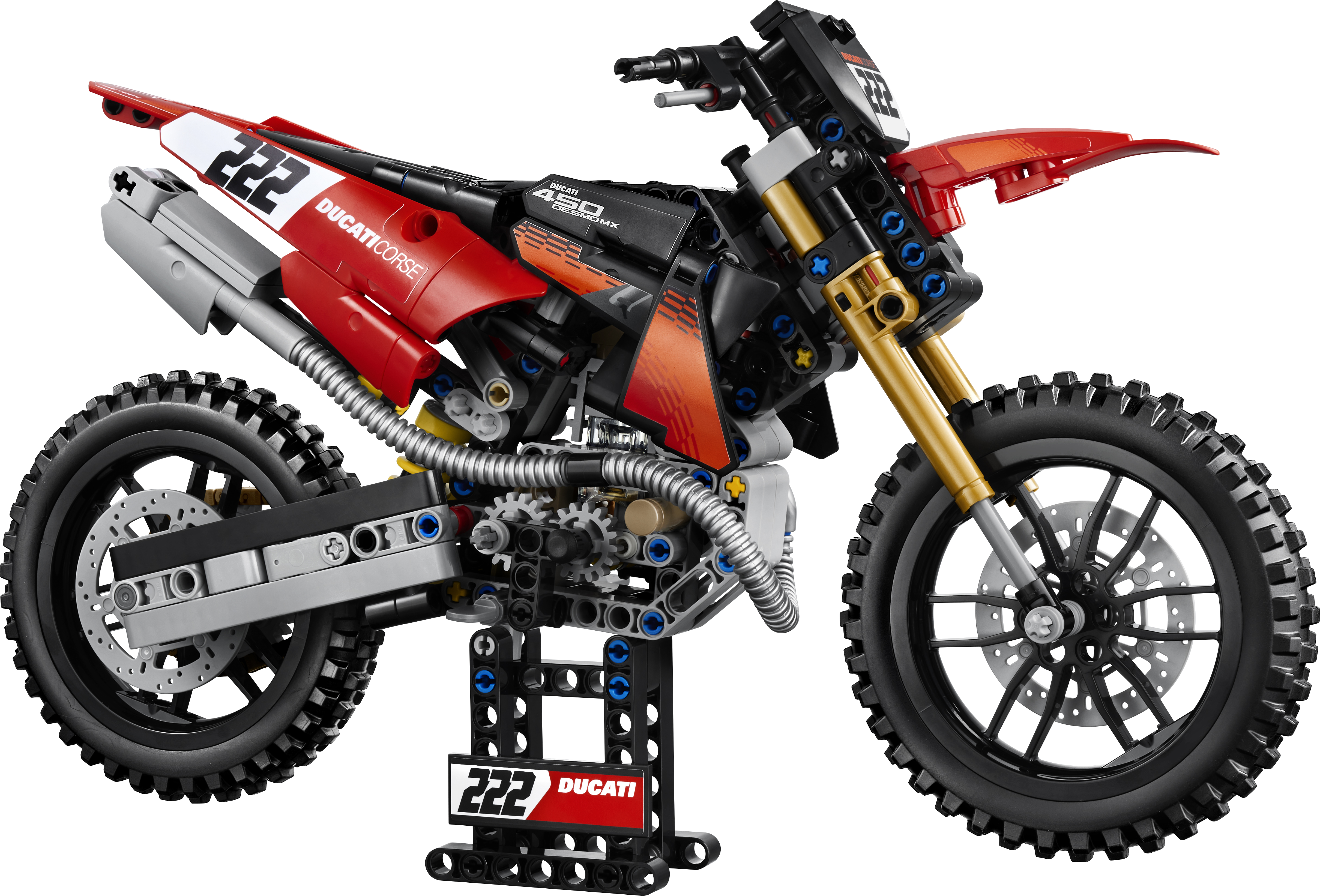 Ein rotes und schwarzes Lego-Motorrad mit Nummer 222 und Ducati-Aufschrift.