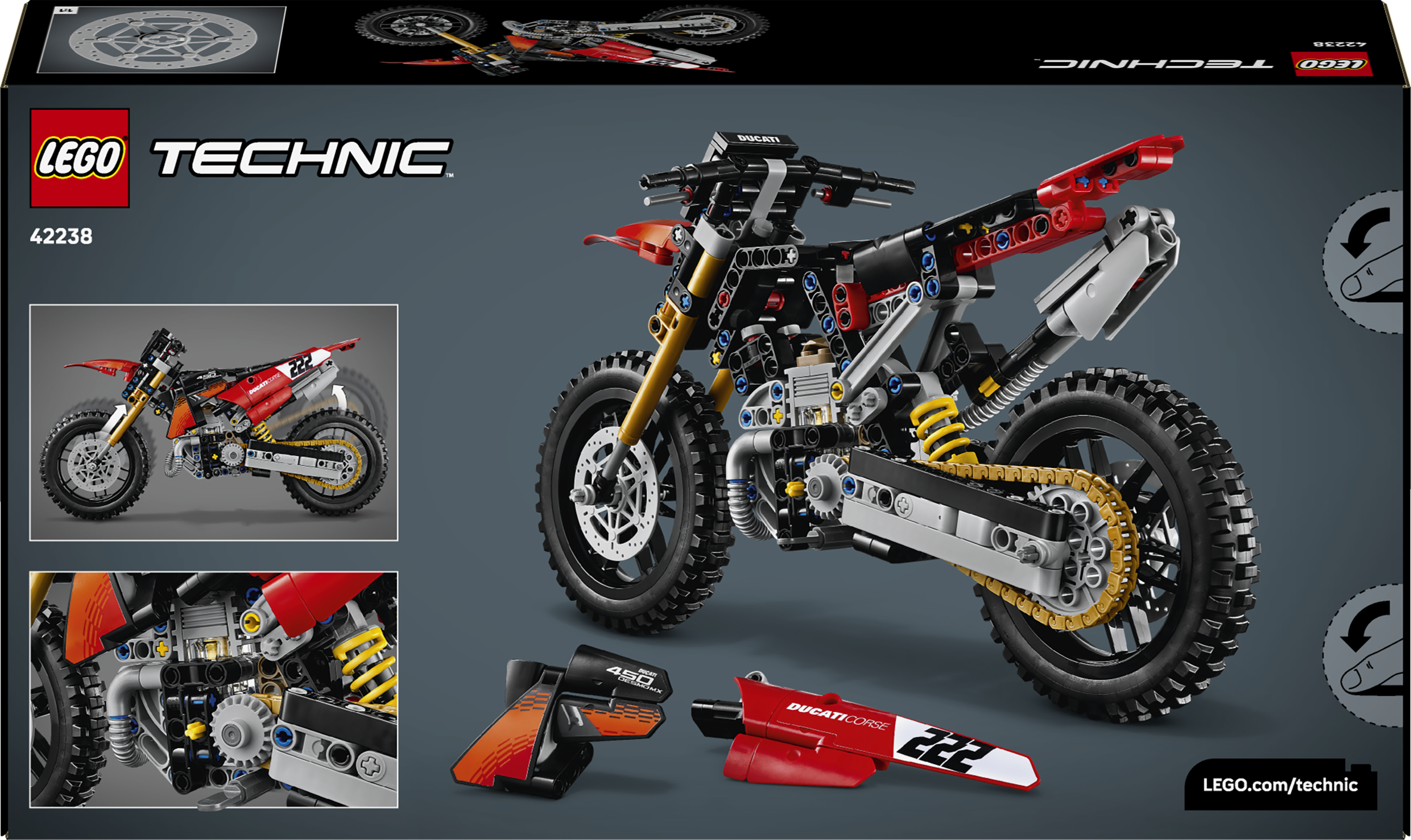 LEGO Technic Ducati Motorrad Modell, rot und schwarz, mit gelben Stoßdämpfern.