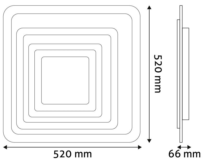 Négyzet alakú tárgy technikai rajza, lépcsőzetes gyűrűkkel. Méretek: 520 mm x 520 mm x 66 mm.