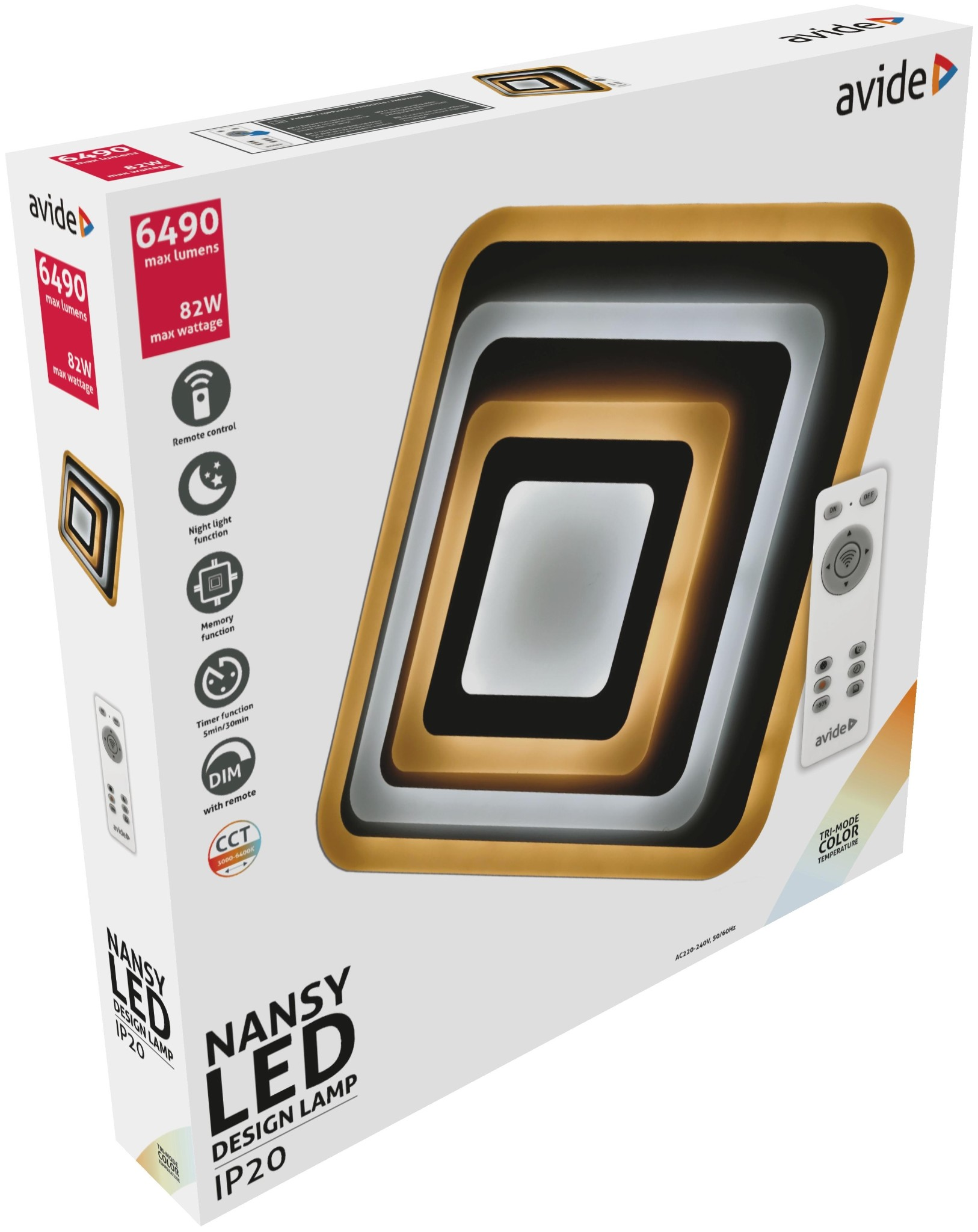  "Nansy LED Design Lámpa" csomagolása távirányítóval, specifikációkkal és funkciókkal.
