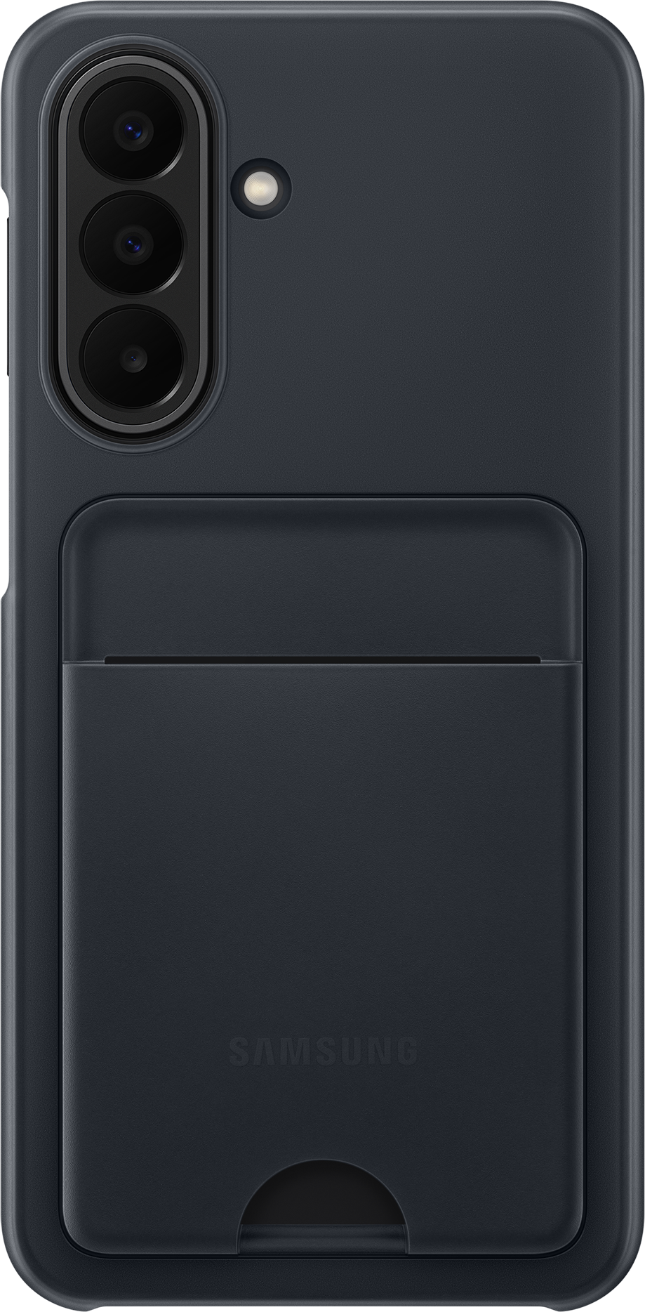 Coque de téléphone gris foncé avec fente pour carte et ouverture caméra.
