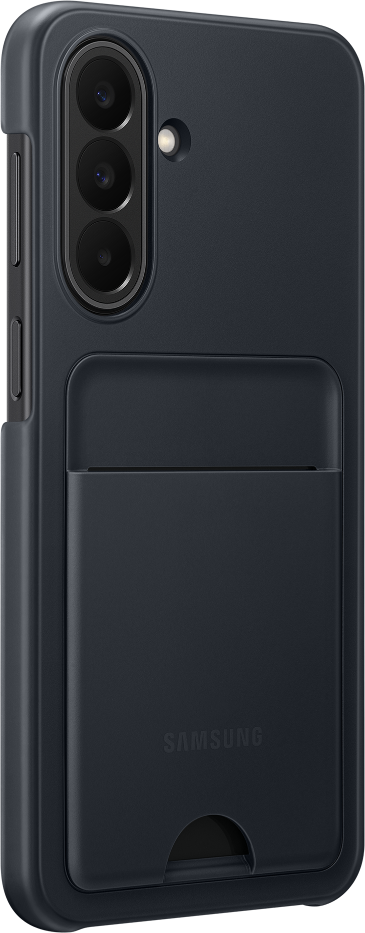 Coque de téléphone gris foncé avec fente pour carte et découpe caméra.