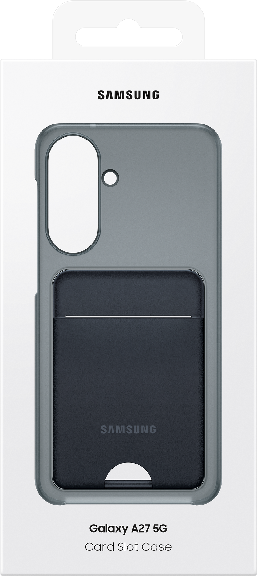 Étui avec fente pour carte Samsung Galaxy A27 5G dans un emballage gris.