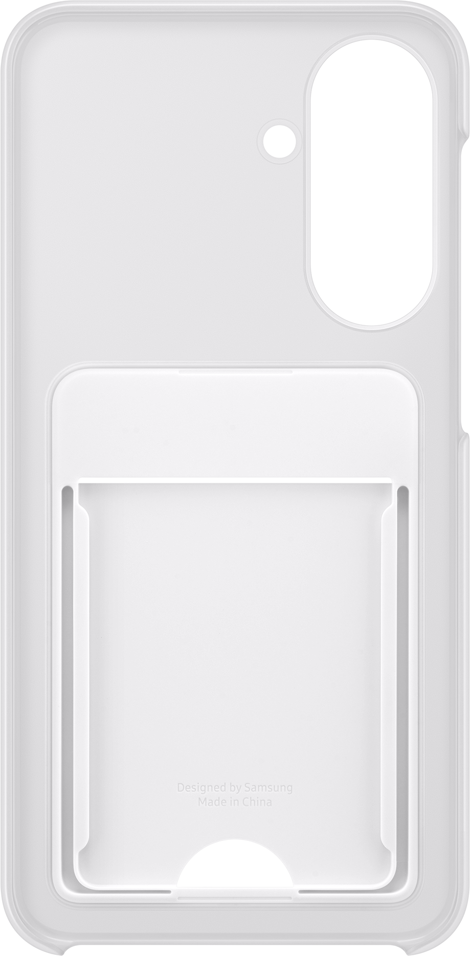 Une coque de téléphone blanche avec un emplacement pour carte et découpe caméra.